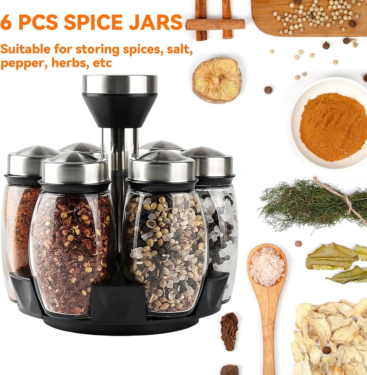 6 Pack Spinning Glass Spice Jars with Organizer Rack for Countertop