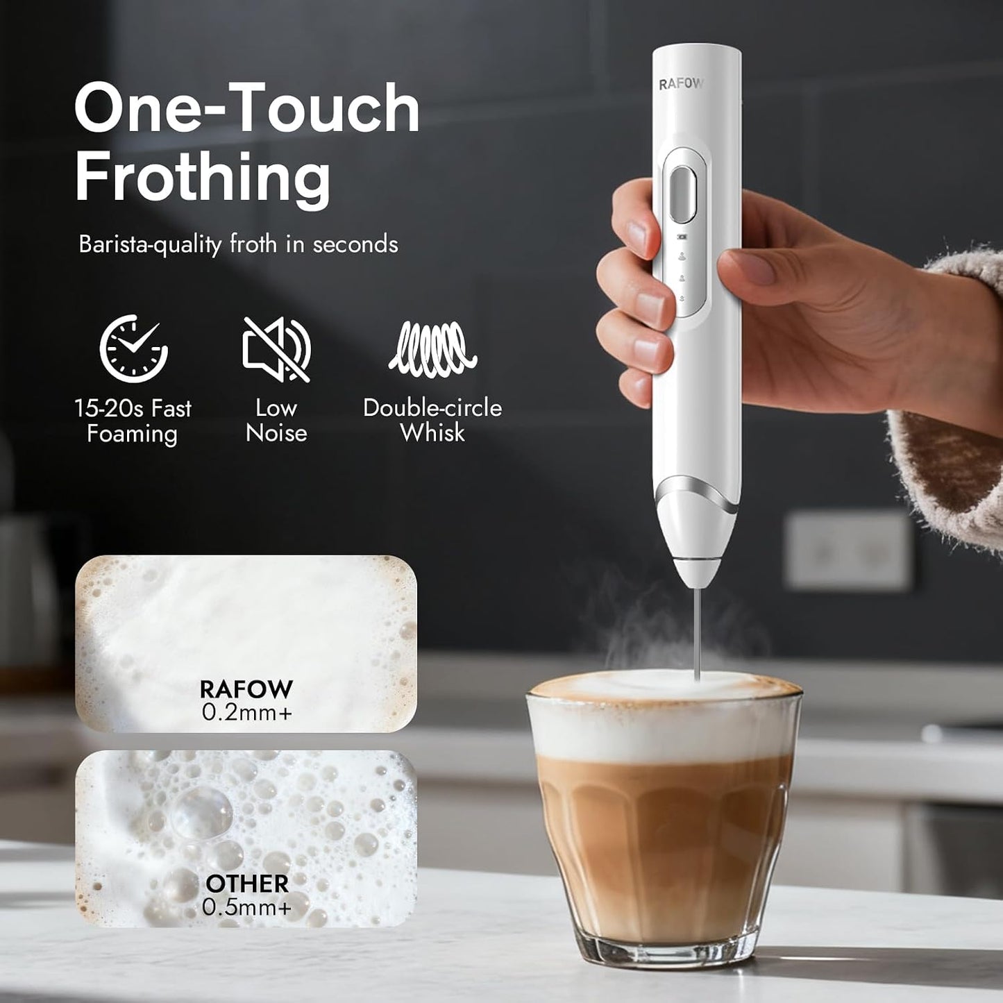 Handheld Electric Milk Frother: Rechargeable Frother Wand with Stand, 3 Speeds & Detachable Double Whisk Drink Mixer, Froth Stirrer for Latte, Cappuccino, Cream, Matcha, Dalgona Coffee - White