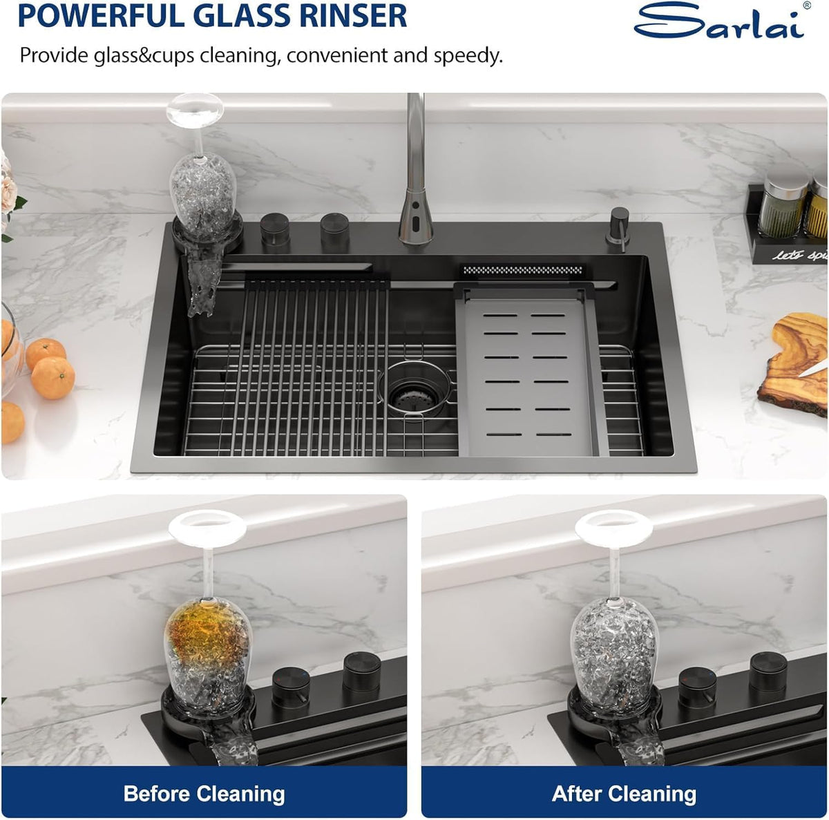 Black Waterfall Drop Kitchen Sink 33 Inch Drop in Workstation Sink