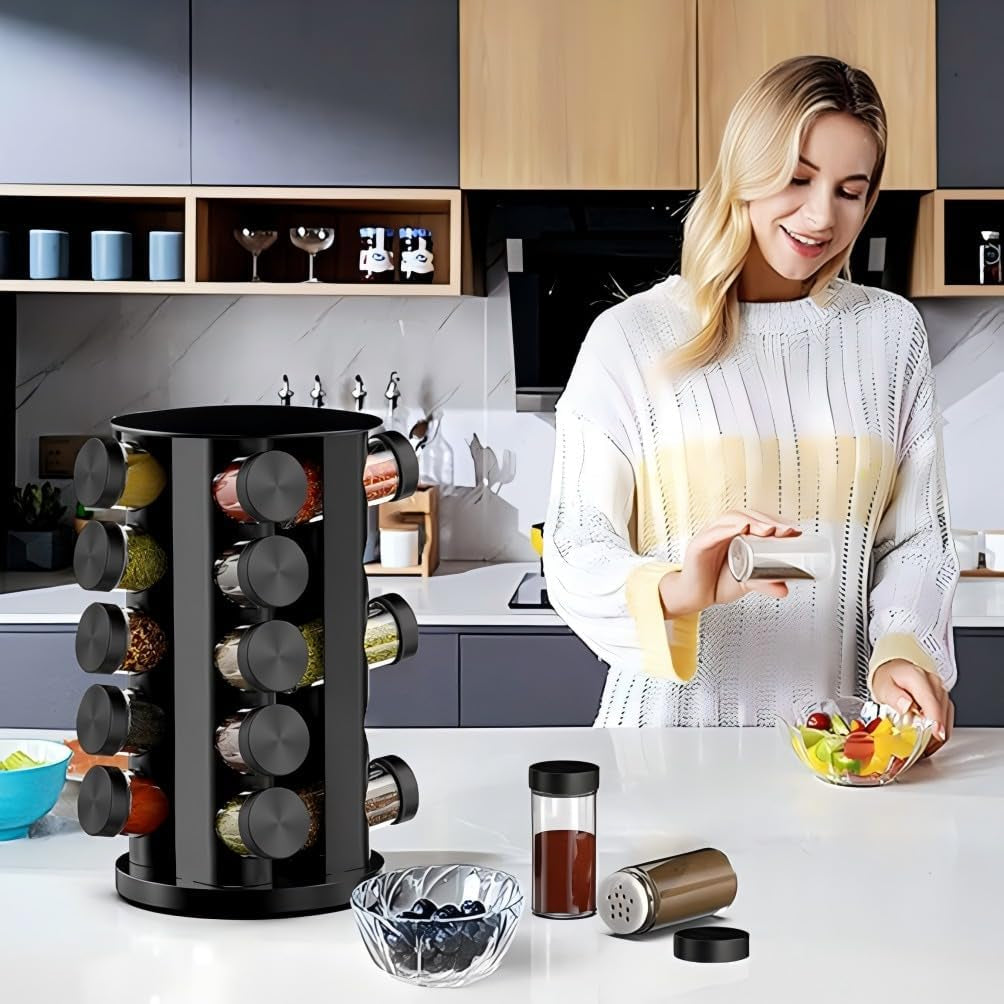 Rotating Spice Rack Organizer for Cabinet, Spice Racks Storage with 20 Jars, Spinning Spice Rack for Kitchen Countertop, Spice Holder,Seasoing Storage Racks, Black