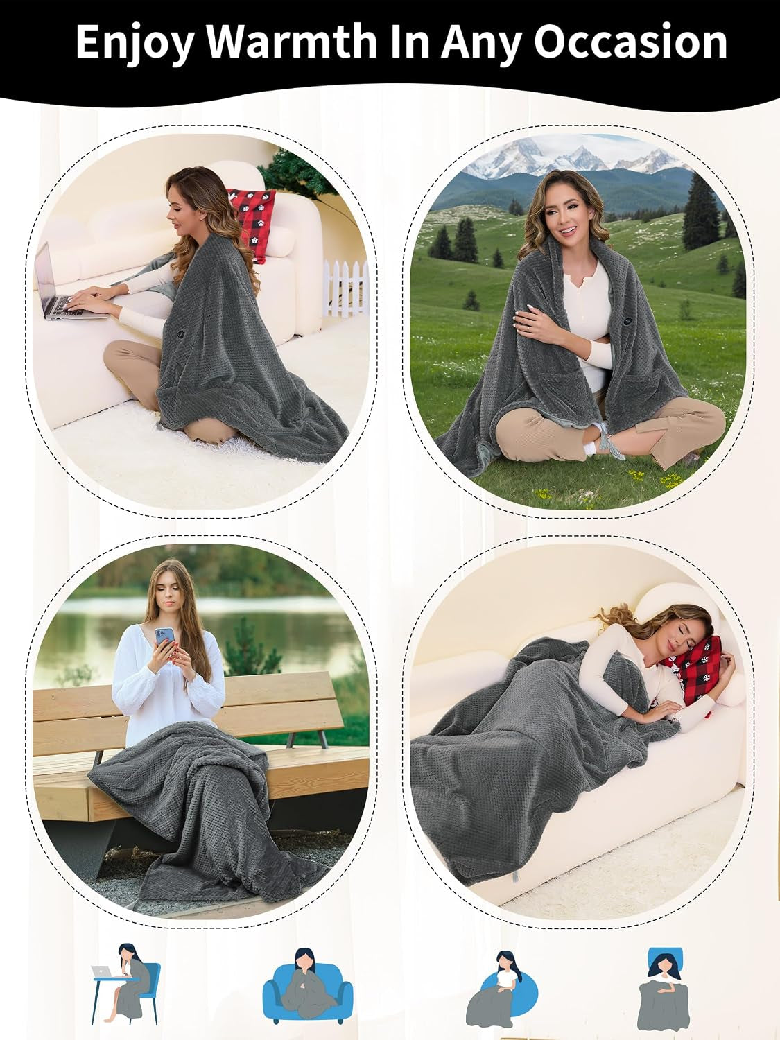 Heated Blanket Throw Battery Operated, Portable Wearable Heat Shawl Poncho