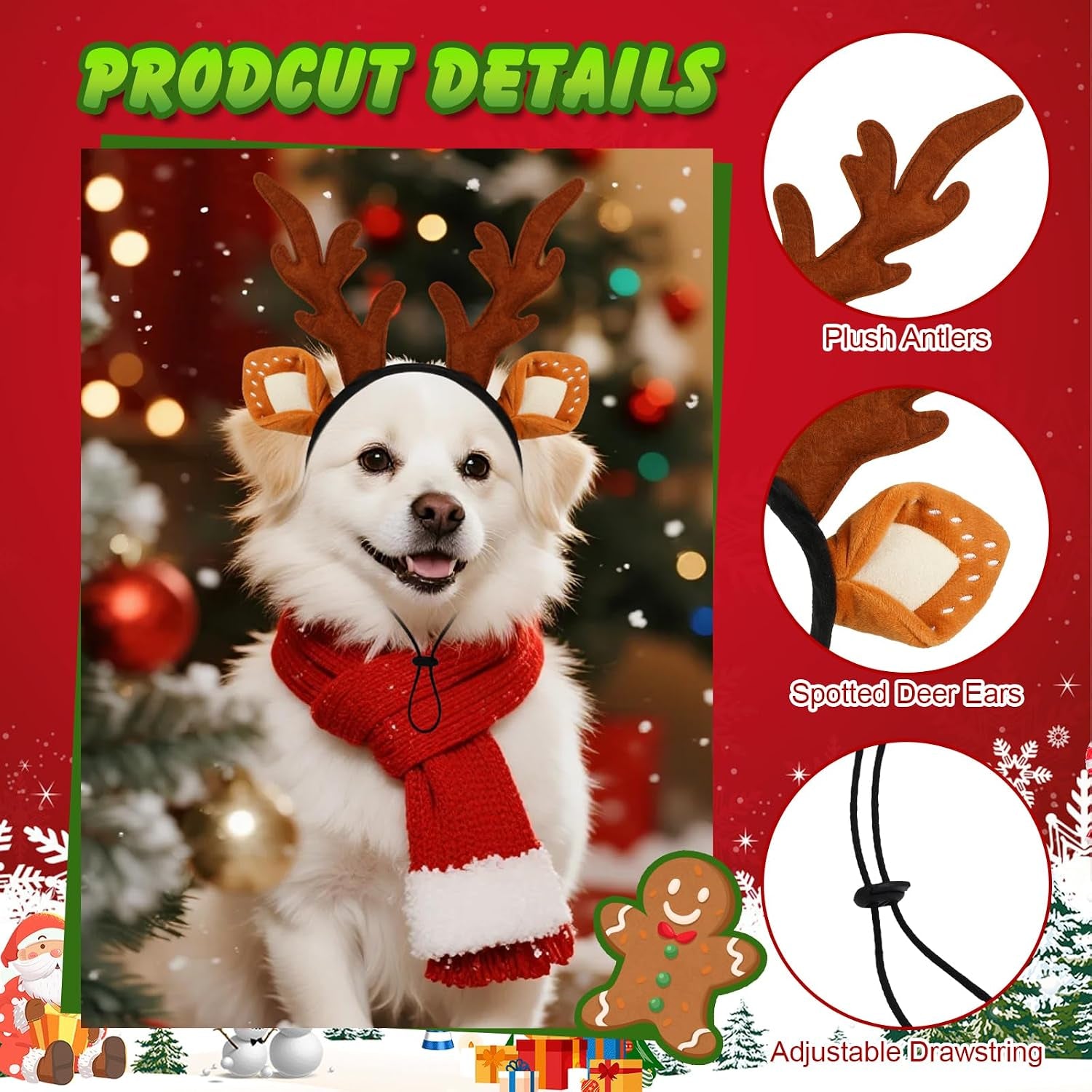 2 PCS Dog Elk Reindeer Antler Headband with Santa Hat, Pet Christmas Reindeer Antlers Headband with Adjustable Elastic Band, Xmas Elk Headwear Pet Costumes Accessories for Medium Large Dogs