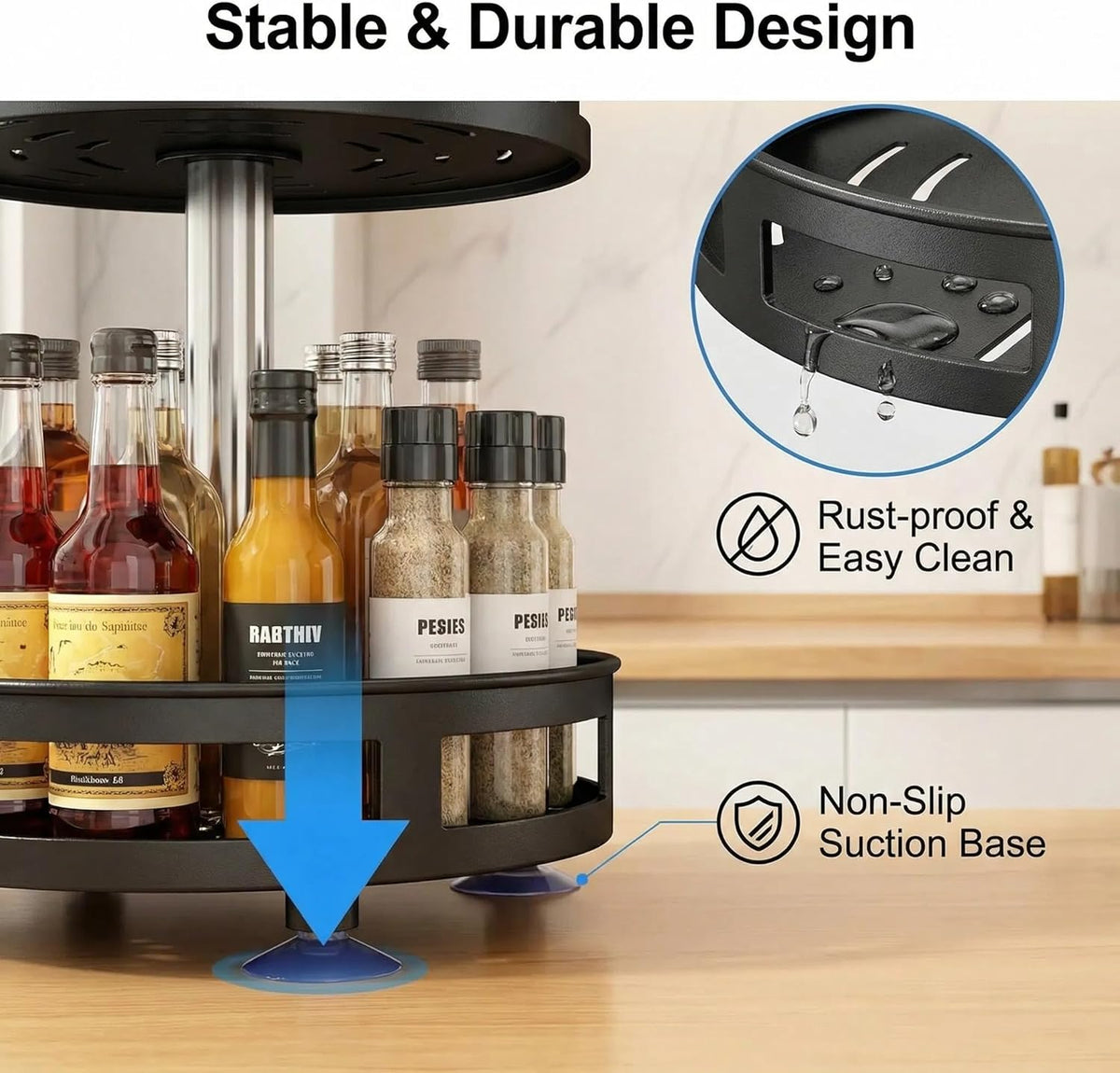 3-Tier Rotating Spice Rack Organizer, Carbon Steel, 360° Turntable, Non-Slip Base, 9.84X9.84X21.26 Inches, Black