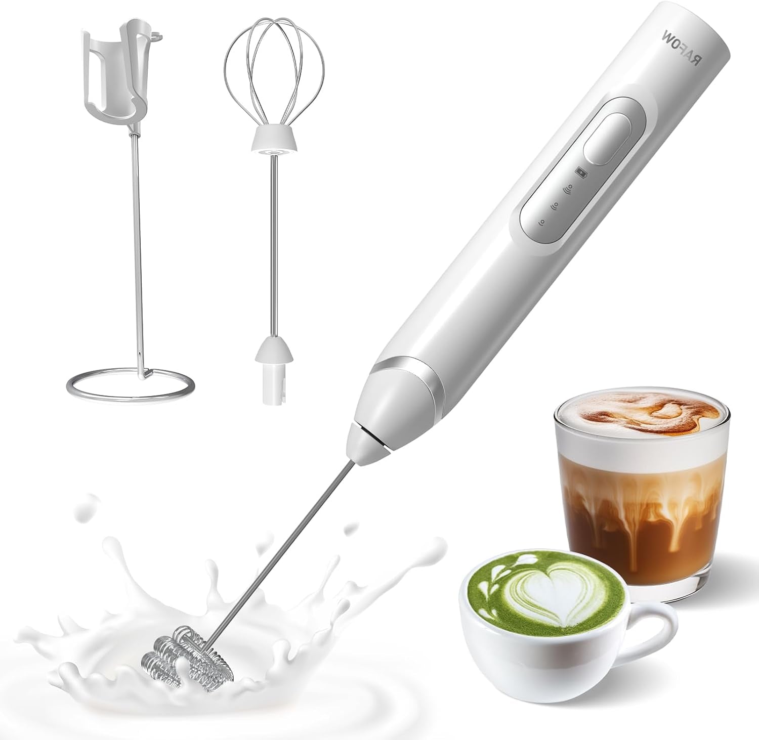 Handheld Electric Milk Frother: Rechargeable Frother Wand with Stand, 3 Speeds & Detachable Double Whisk Drink Mixer, Froth Stirrer for Latte, Cappuccino, Cream, Matcha, Dalgona Coffee - White
