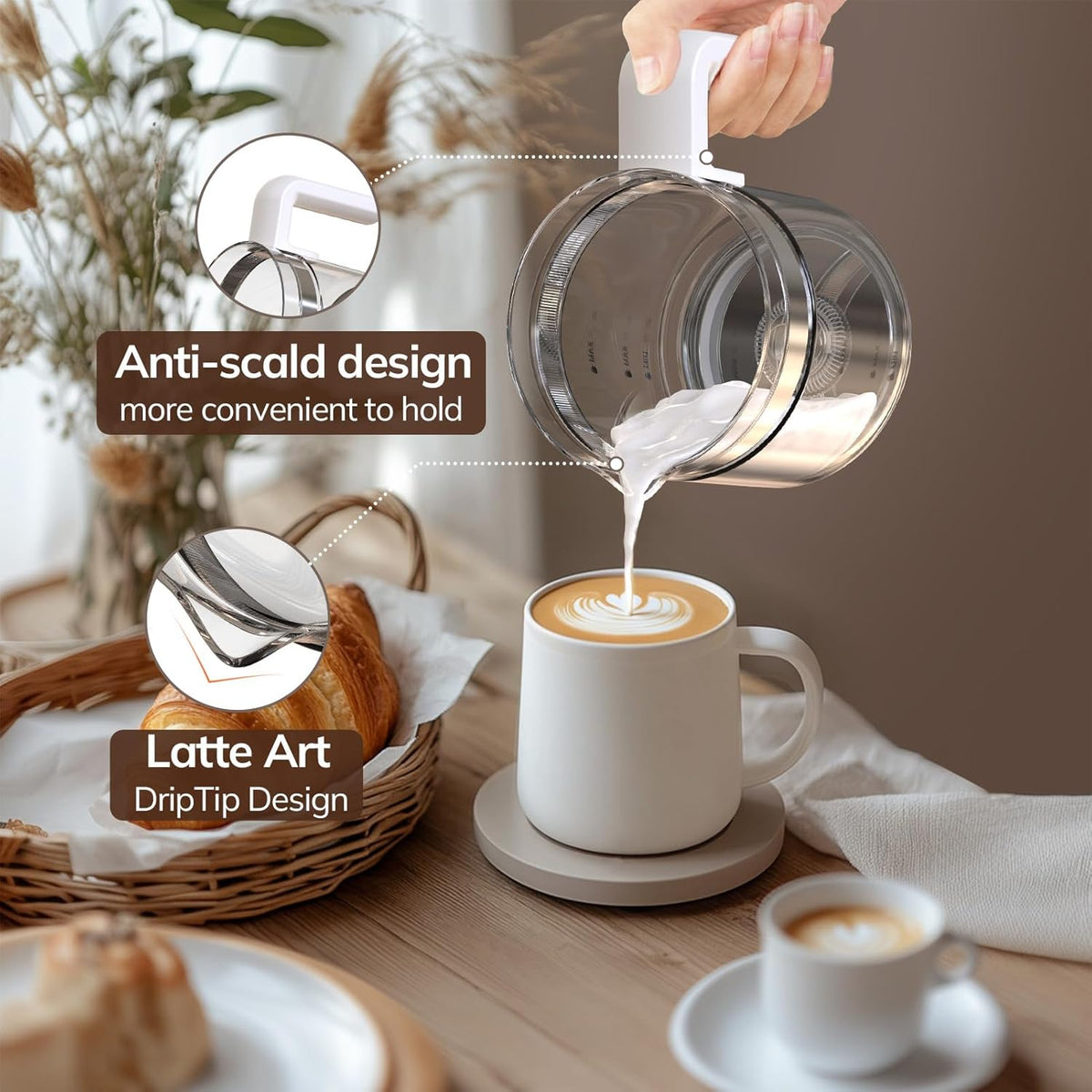 Large Electric Milk Frother and Steamer, 16.9Oz/500Ml Milk Steamer and Frother for Latte or Hot Chocolate, Dishwasher Safe, BPA Free, 6 Functions, Enjoy Perfect Milk Froth in 2 Min (White-Glass)