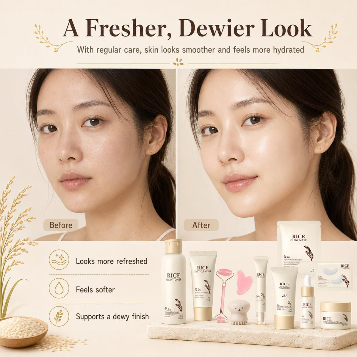 13PCS Rice Korean Skin Care Set, Korean Skincare Set, Korean Skin Care Kit - Rice Cleanser, Toner, Serum, Cream, Mask, Gua Sha & Headband, Gentle Skincare for Girls 10-12