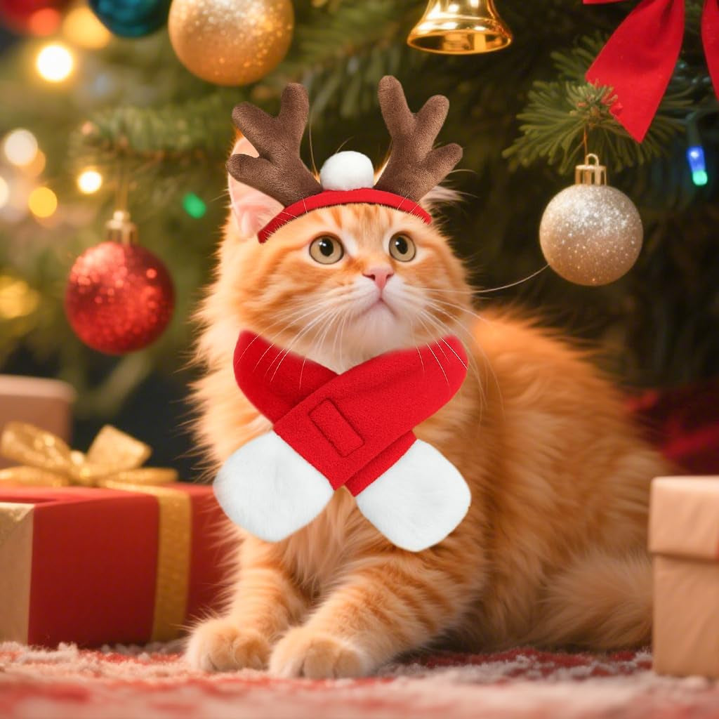 Pet Reindeer Costume for Cats Small Dogs Rabbits, Christmas Cat Antler Headband with Red Scarf, Small Dog Santa Deer Antler Outfit for Christmas New Year Party Cosplay Statue Decoration
