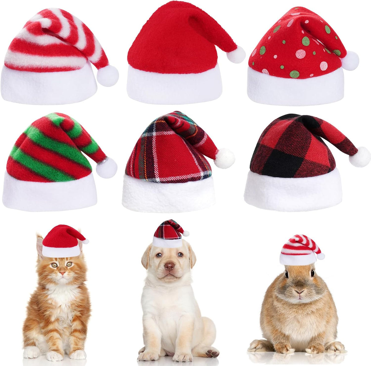 6 Pieces Pet Cat Dog Christmas Santa Hat Holiday Party Cute Costumes for Puppy Kitten Christmas Cosplay Dress up Supplies (Mixed Pattern)