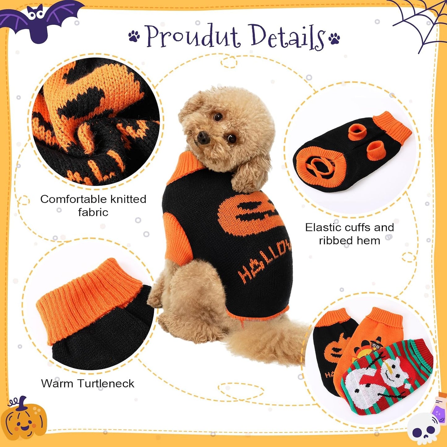 3 Pack Halloween Thanksgiving Christmas Dog Cat Sweaters Sets Dogs Fall Clothes Pumpkin Turkey Snowman Dog Cat Knit Sweaters Pets Costumes for Holiday Dogs Cats Pets(Medium)