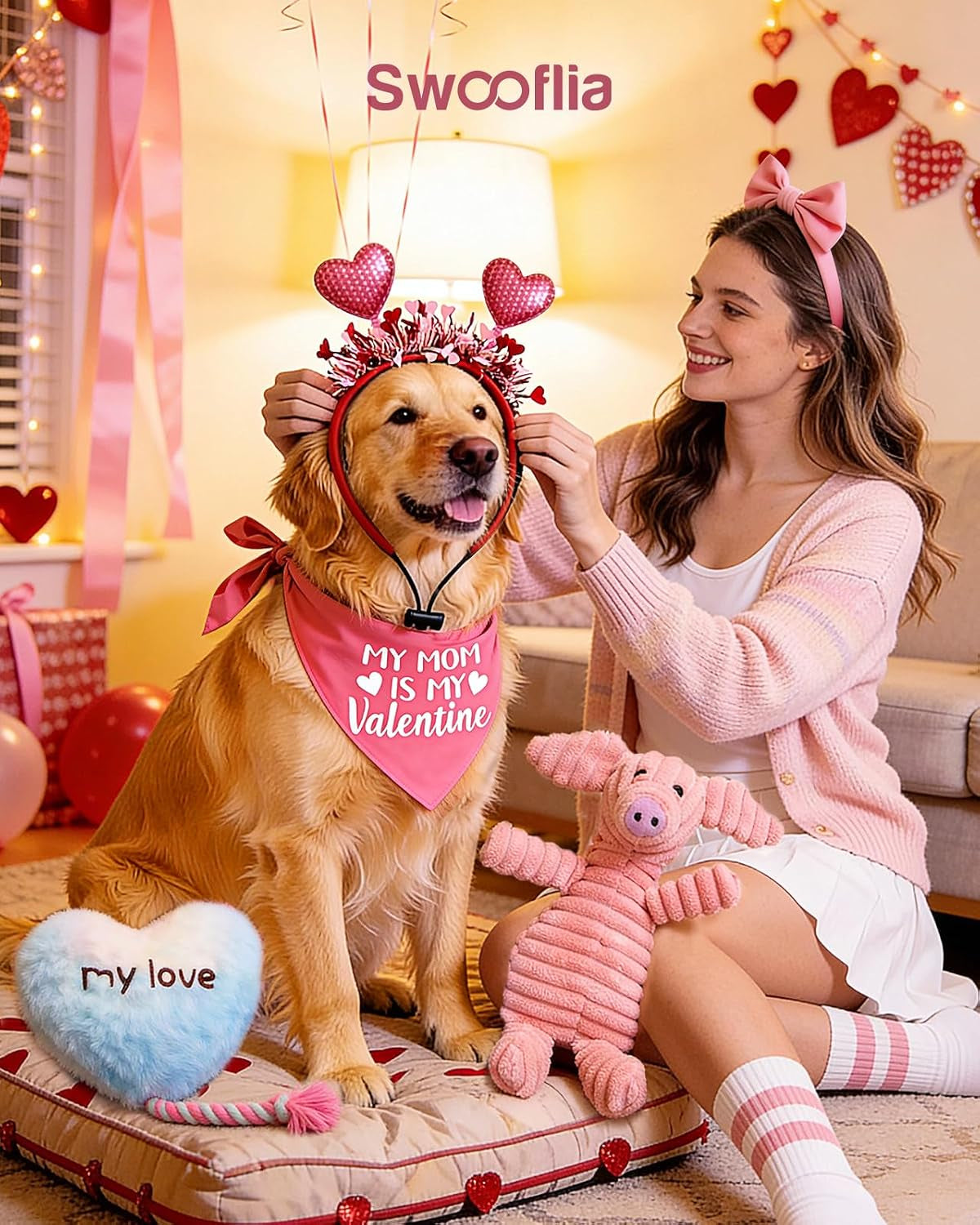4 Pcs Pink Valentines Dog Toys - Cute Plush Squeaky Dog Toys, Cat Dog Scarf Headband for Puppy Pet to Keep Them Busy (Not for Big & Aggressive Chewer)