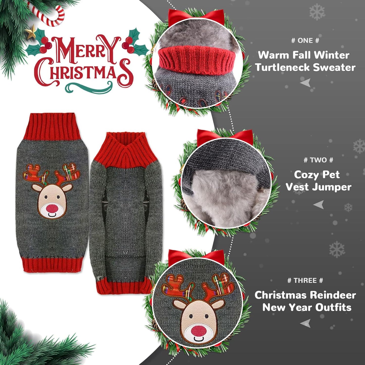 Reindeer Christmas Dog Sweater Gray Cat Sweater Vest Cartoon Elk Pet Holiday Dog Clothes Puppy Sweaters for Small Medium Large Dogs Cats Fall Winter Outfits Xmas Dogs Costume,Large
