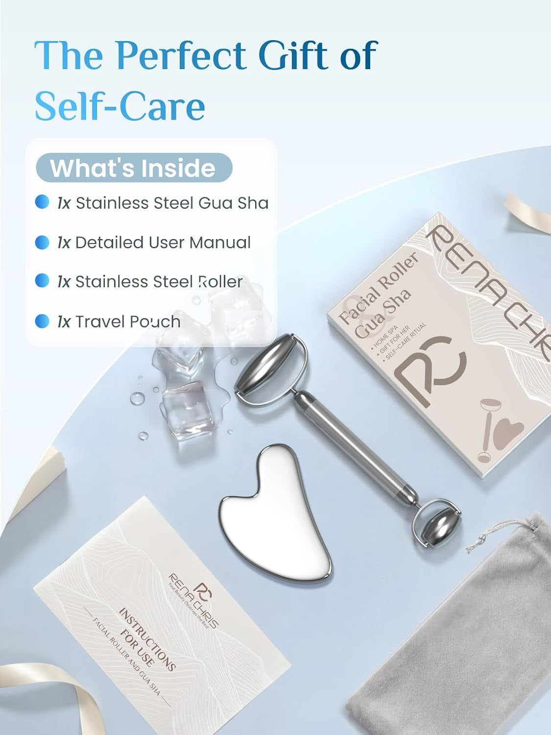 Gua Sha and Face Roller Set: Anti-Breakage Stainless Steel Roller for Long-Lasting Use, Jawline Sculpting and Puffiness Reducing, Gua Sha Facial Tools for Self Care Gift (Silver)