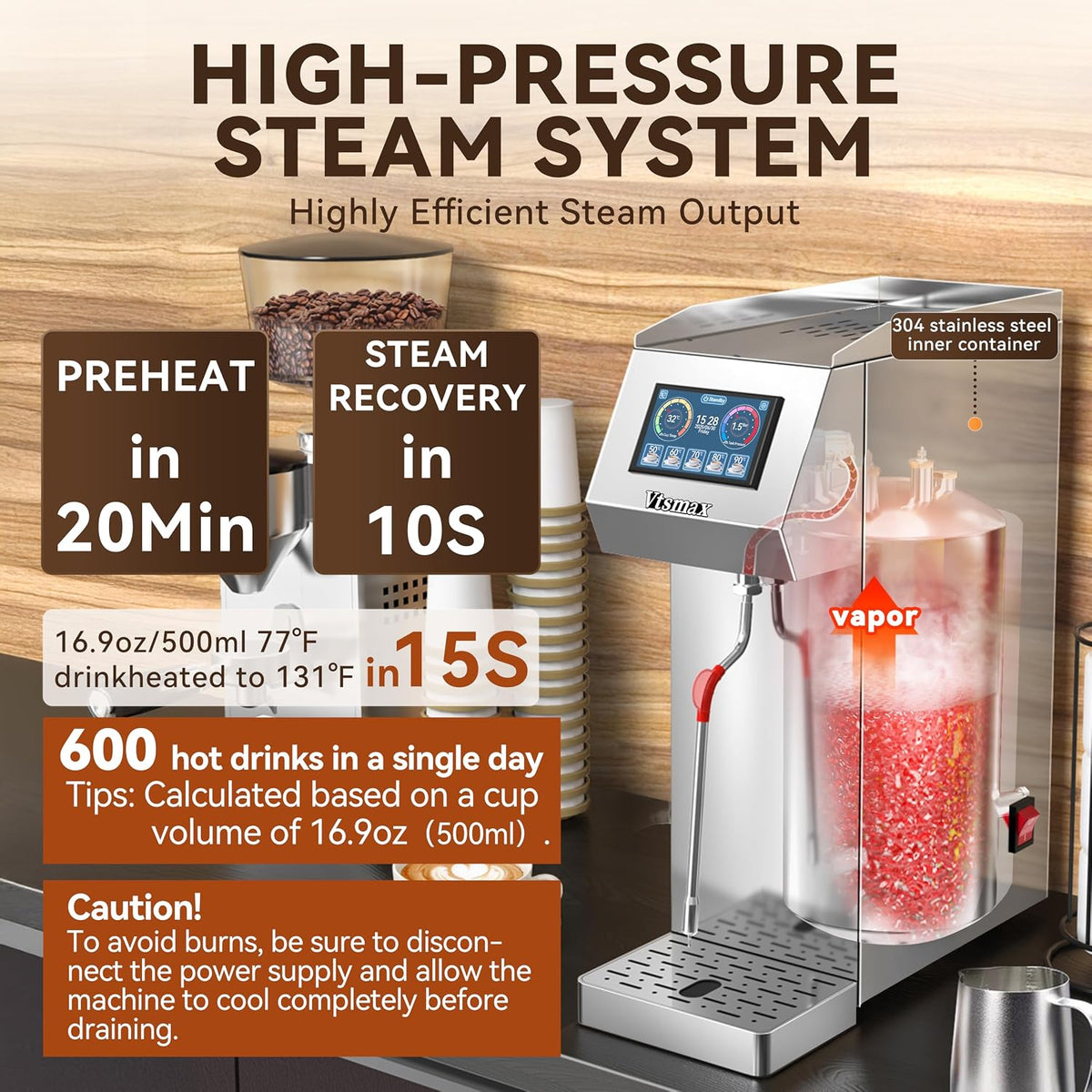 Commercial Milk Frother and Steamer 2000W, 6 Temp Settings, Silver