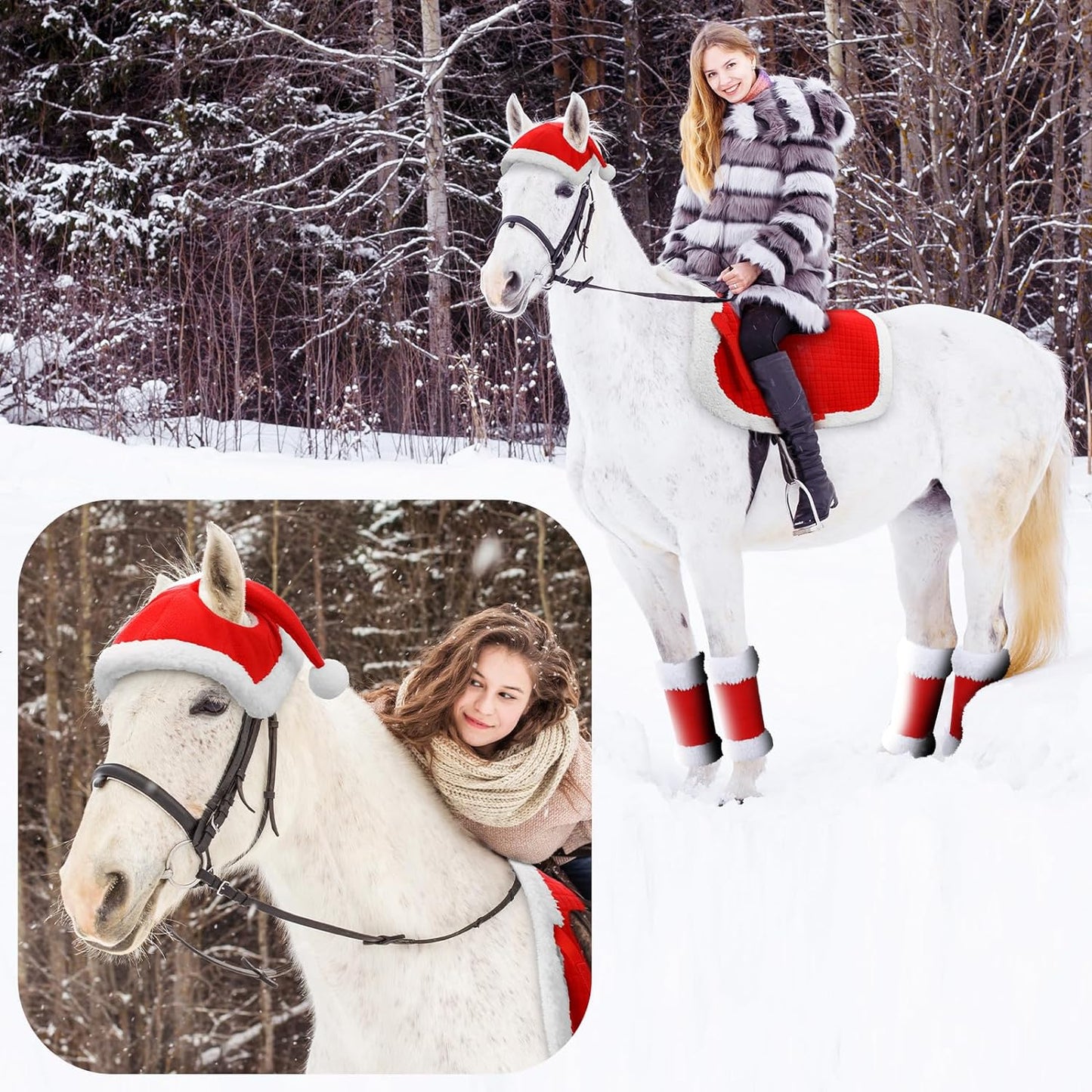 6 Pcs Christmas Holiday Santa Leg Wraps with Faux Fur Trim Holiday Santa Horse Hat All Purpose Santa Saddle Pad for Christmas Horse Costume Accessories