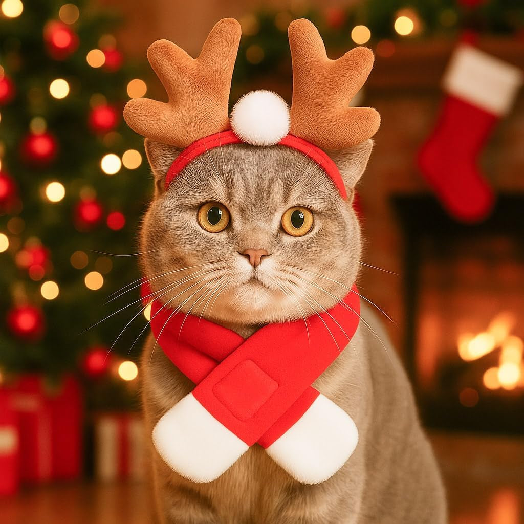 Pet Reindeer Costume for Cats Small Dogs Rabbits, Christmas Cat Antler Headband with Red Scarf, Small Dog Santa Deer Antler Outfit for Christmas New Year Party Cosplay Statue Decoration