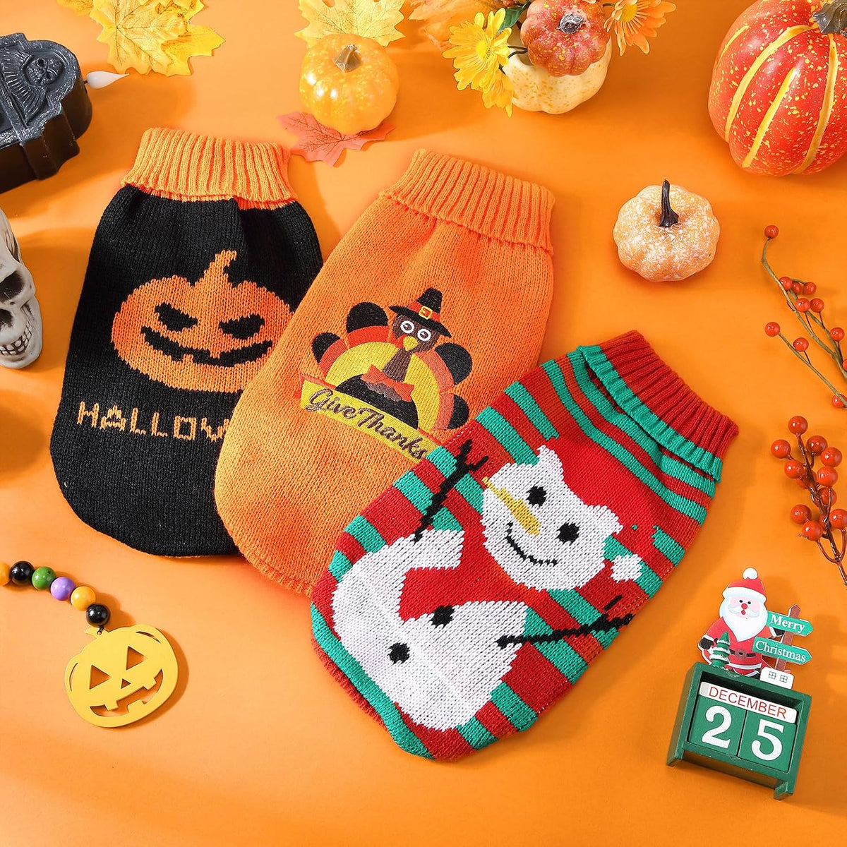 3 Pack Halloween Thanksgiving Christmas Dog Cat Sweaters Sets Dogs Fall Clothes Pumpkin Turkey Snowman Dog Cat Knit Sweaters Pets Costumes for Holiday Dogs Cats Pets(Medium)