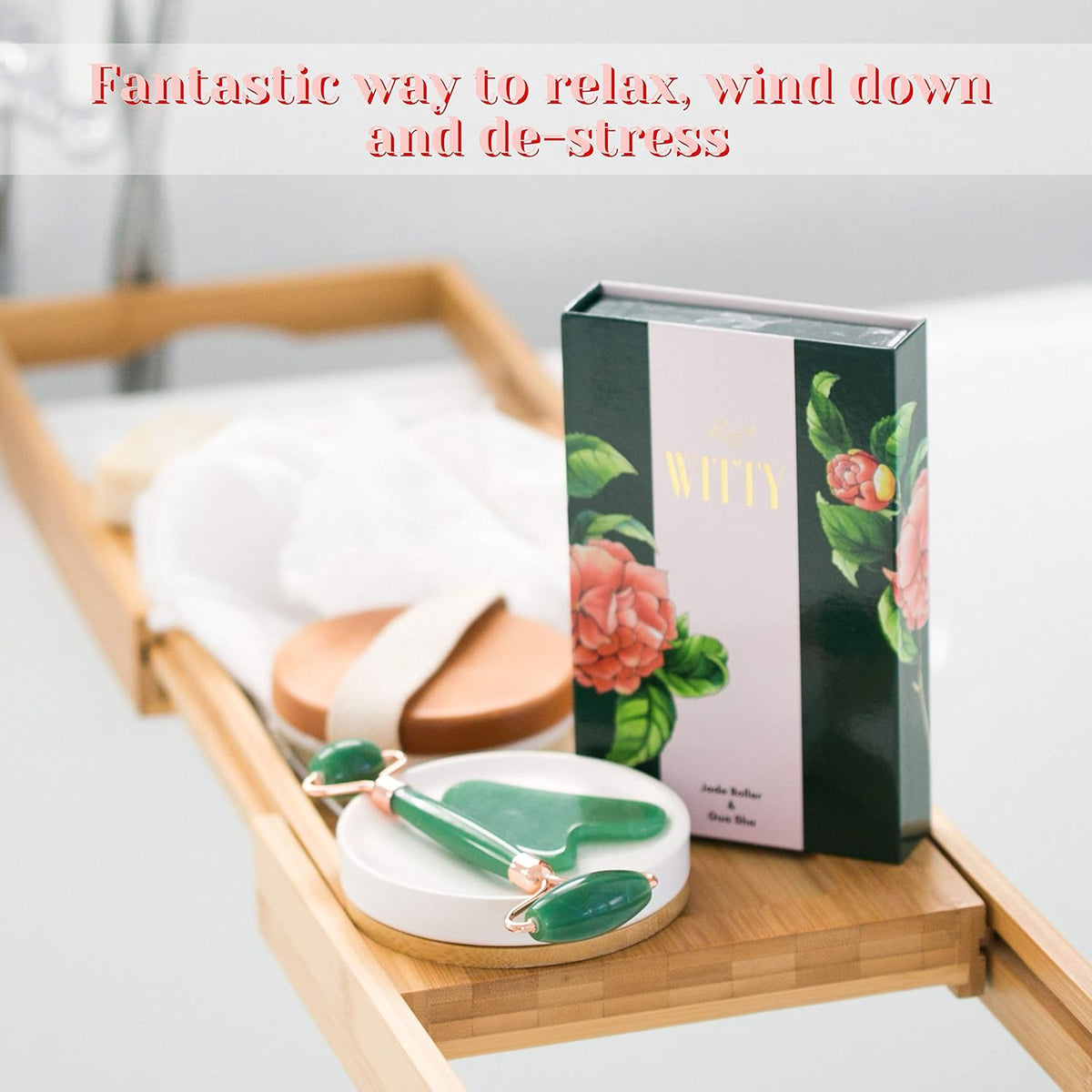 Jade Face Roller and Gua Sha Set in Hand-Drawn Giftbox - Gua Sha Stone, Face Massager Roller, Beauty Massage Face Scraper Tools - Guasha Tool for Face Roller Skin Care, Eyes, Neck - Extra Pouch