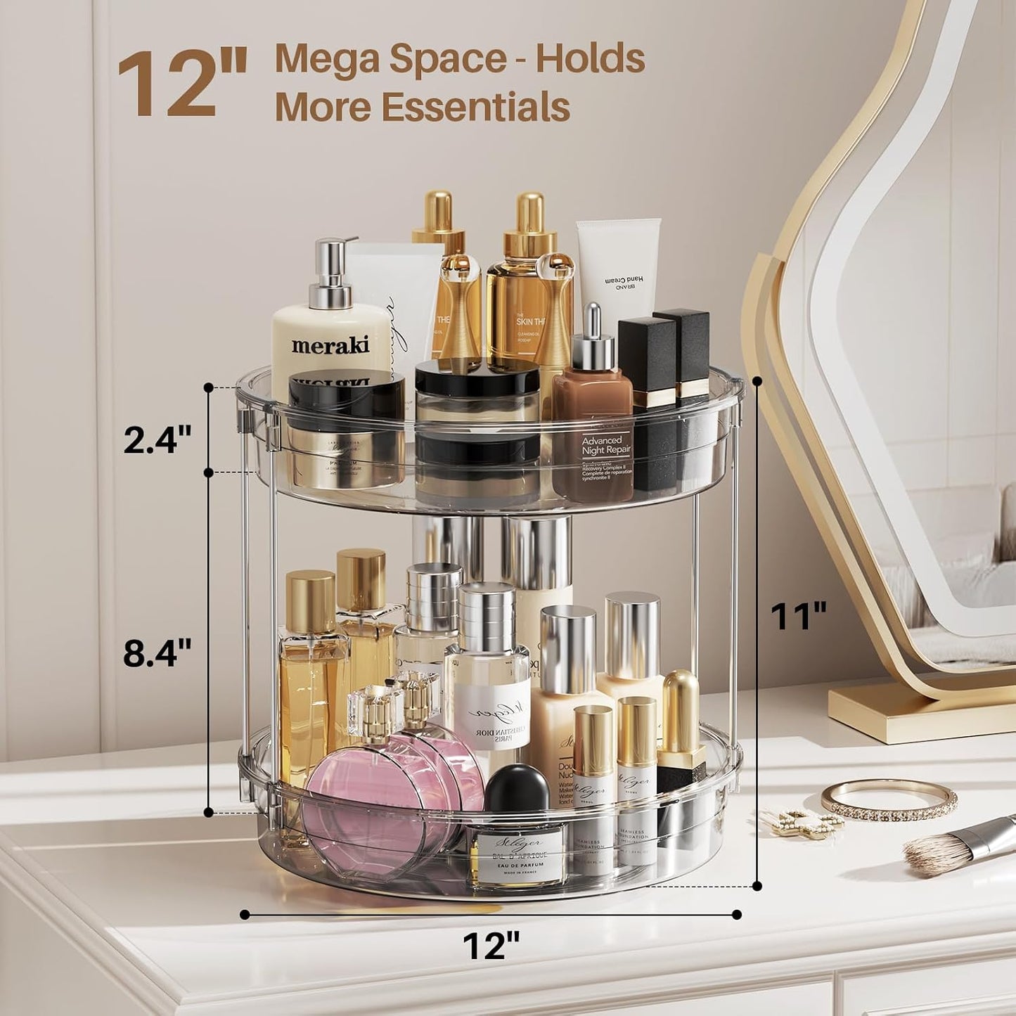 12 Inch 2 Tier Lazy Susan Turntable Organizer Rotating Spice Rack Organization for Cabinet, Kitchen, Pantry, Countertop, Bathroom, Vanity, Medicine Cabinet Organizer, Grey