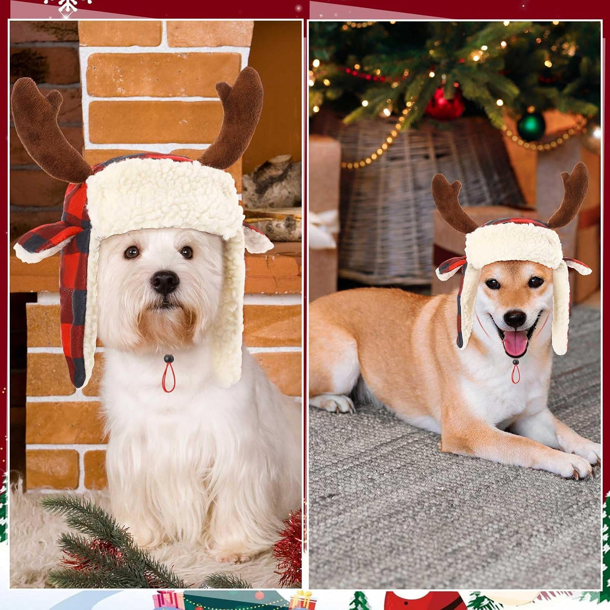 2 Pcs Christmas Antler Check Dog Santa Hat Adjustable Pet Red Plaid Pet Cap Xmas Antler Dog Hats for Small Medium Large Dogs(M)