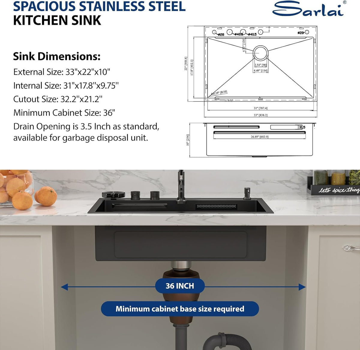 Black Waterfall Drop Kitchen Sink 33 Inch Drop in Workstation Sink