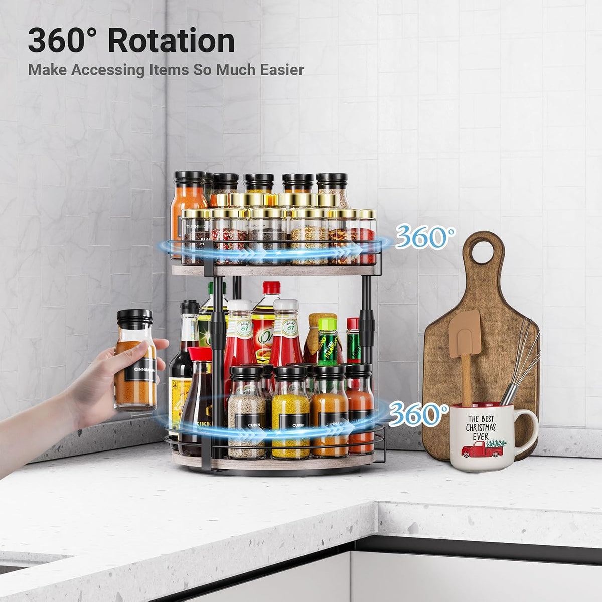 Lazy-Susan-Organizer-Spice-Rack, Rotating Spice Organizer for Cabinet Pantry, Seasoning Holder Spice Shelf with Adjustable Height, Kitchen Counter Shelf Countertop Organizer