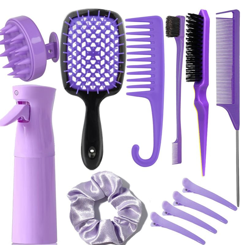 12 Pcs Hair Brush Set with Continuous Hair Spray Bottle for Women, Rat Tail Combs for Toddlers, Soft Scalp Massager, Detangling Hairbrush for Wet Dry Curly Hair (Purple)