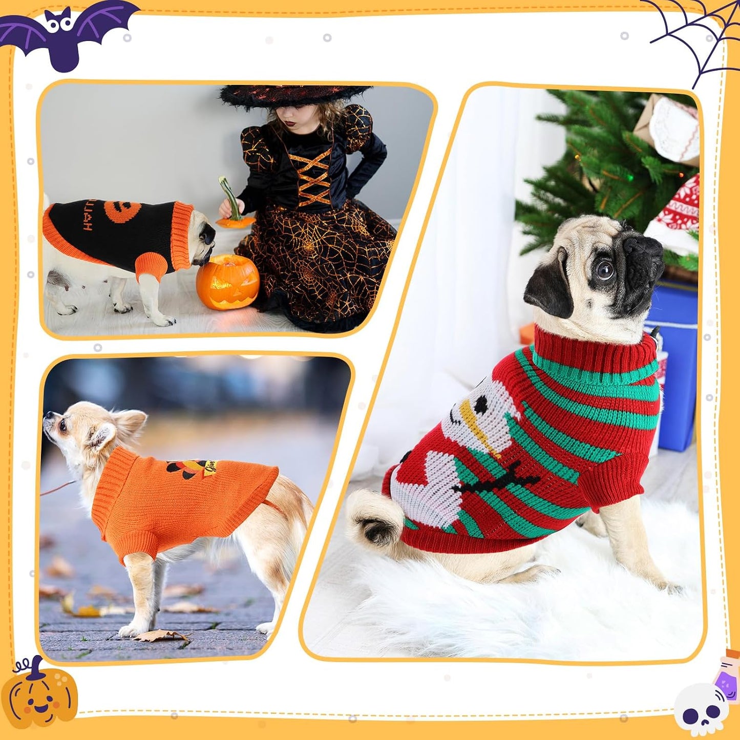 3 Pack Halloween Thanksgiving Christmas Dog Cat Sweaters Sets Dogs Fall Clothes Pumpkin Turkey Snowman Dog Cat Knit Sweaters Pets Costumes for Holiday Dogs Cats Pets(Medium)