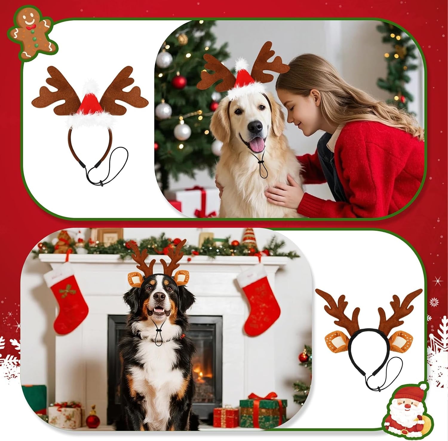 2 PCS Dog Elk Reindeer Antler Headband with Santa Hat, Pet Christmas Reindeer Antlers Headband with Adjustable Elastic Band, Xmas Elk Headwear Pet Costumes Accessories for Medium Large Dogs