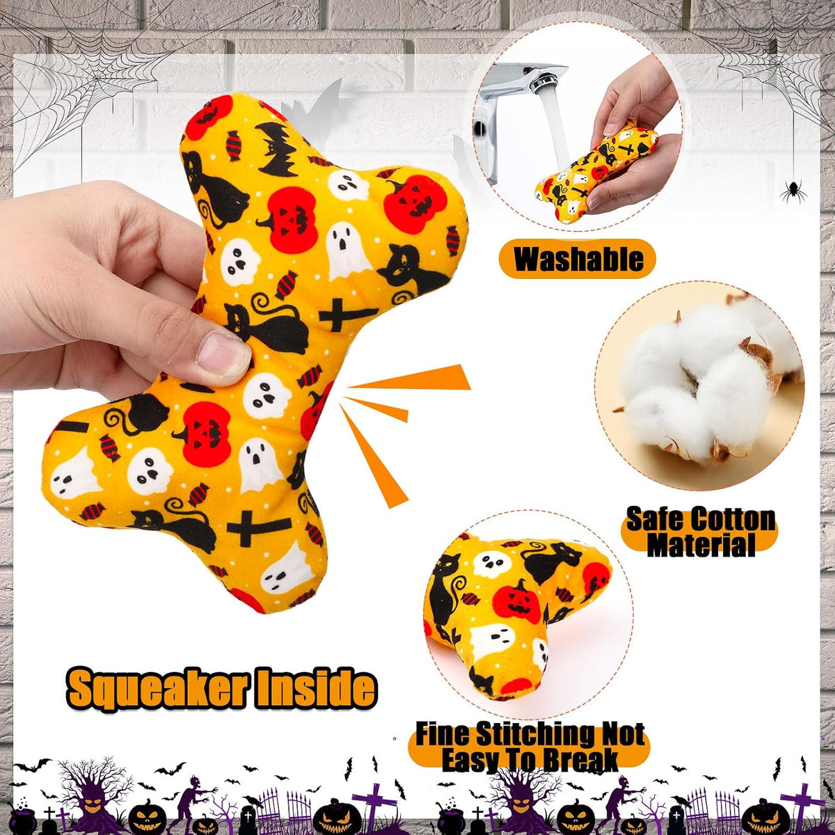 6 Pack Halloween Dog Squeaky Bone Toys Halloween Plush Interactive Dog Pets Birthday Bone Shape Stuffed Chew Toys for Puppy Small Medium Large Squeak Toss Play