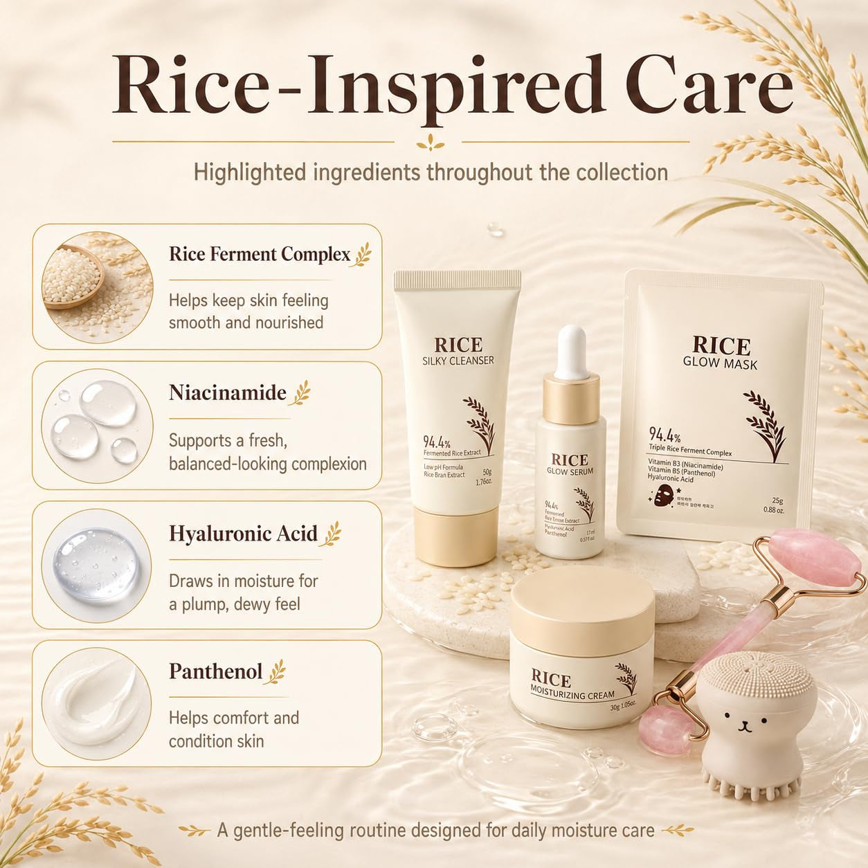 13PCS Rice Korean Skin Care Set, Korean Skincare Set, Korean Skin Care Kit - Rice Cleanser, Toner, Serum, Cream, Mask, Gua Sha & Headband, Gentle Skincare for Girls 10-12