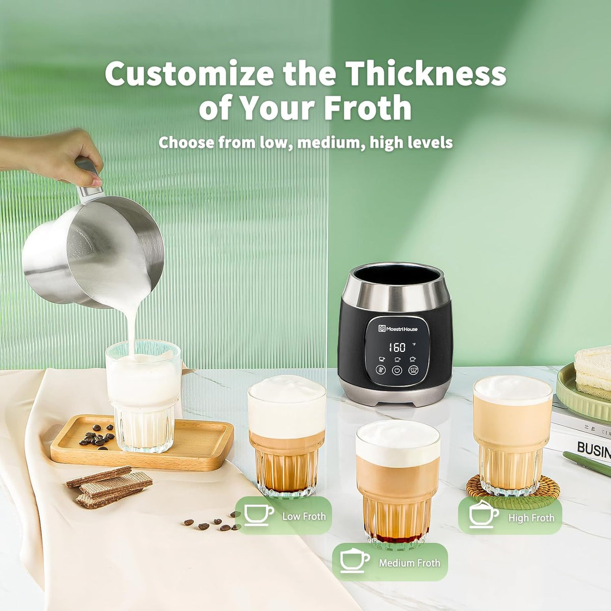 Variable Temp and Froth Thickness Dualfro 600 Milk Frother Steamer Black+ Matcha Powder