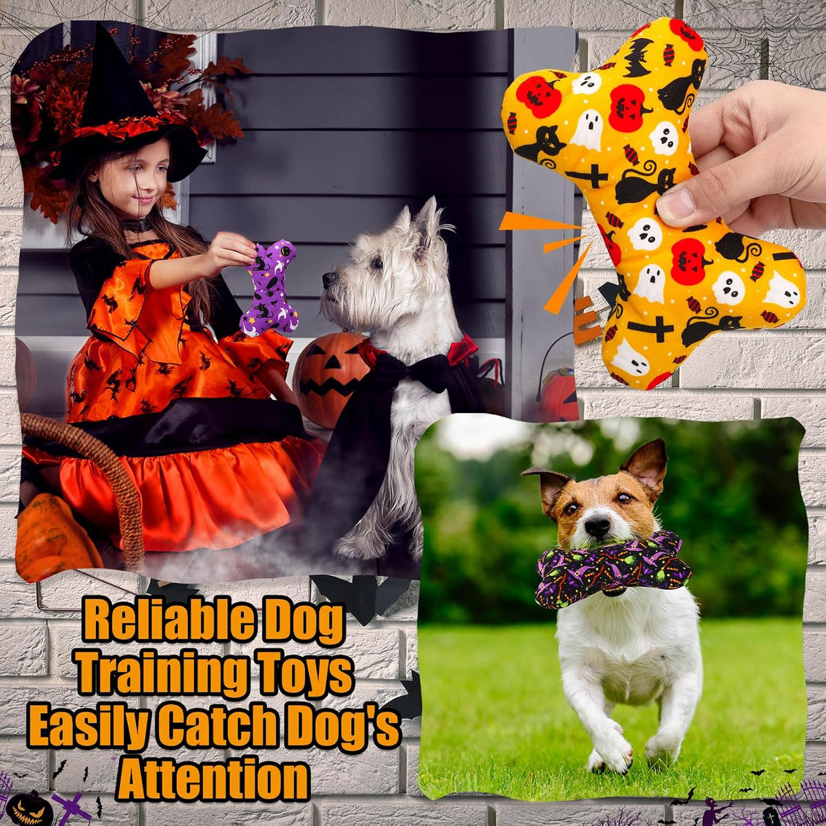 6 Pack Halloween Dog Squeaky Bone Toys Halloween Plush Interactive Dog Pets Birthday Bone Shape Stuffed Chew Toys for Puppy Small Medium Large Squeak Toss Play