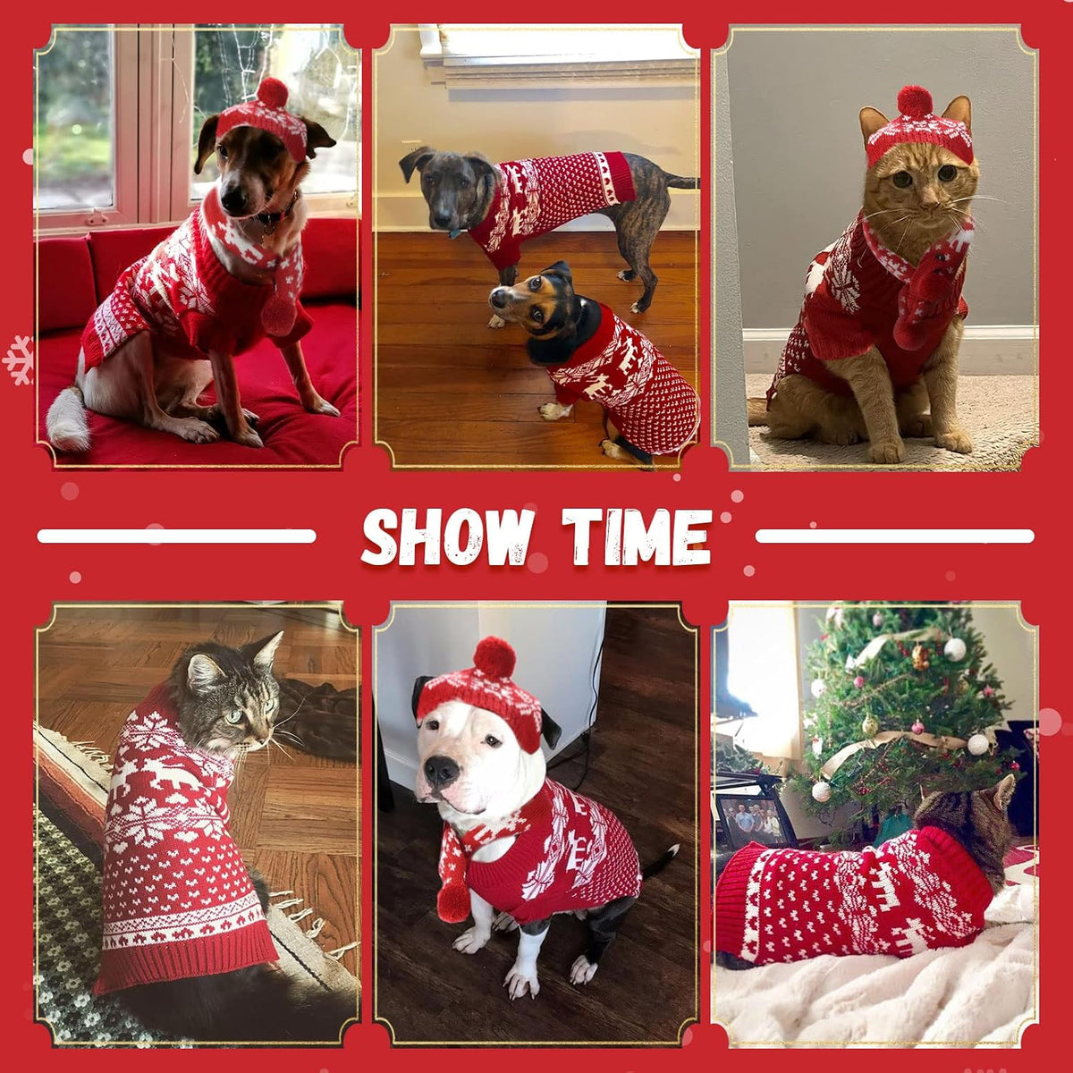 Dog Christmas Outfit 3 PCS Set Pet Xmas Sweater Hat Scarf Snowflake Christmas Dog Cat Sweaters Costume Winter Warm Small Dogs Clothes New Year Holiday Puppy Clothing (Scarf + Hat + Sweater,L)