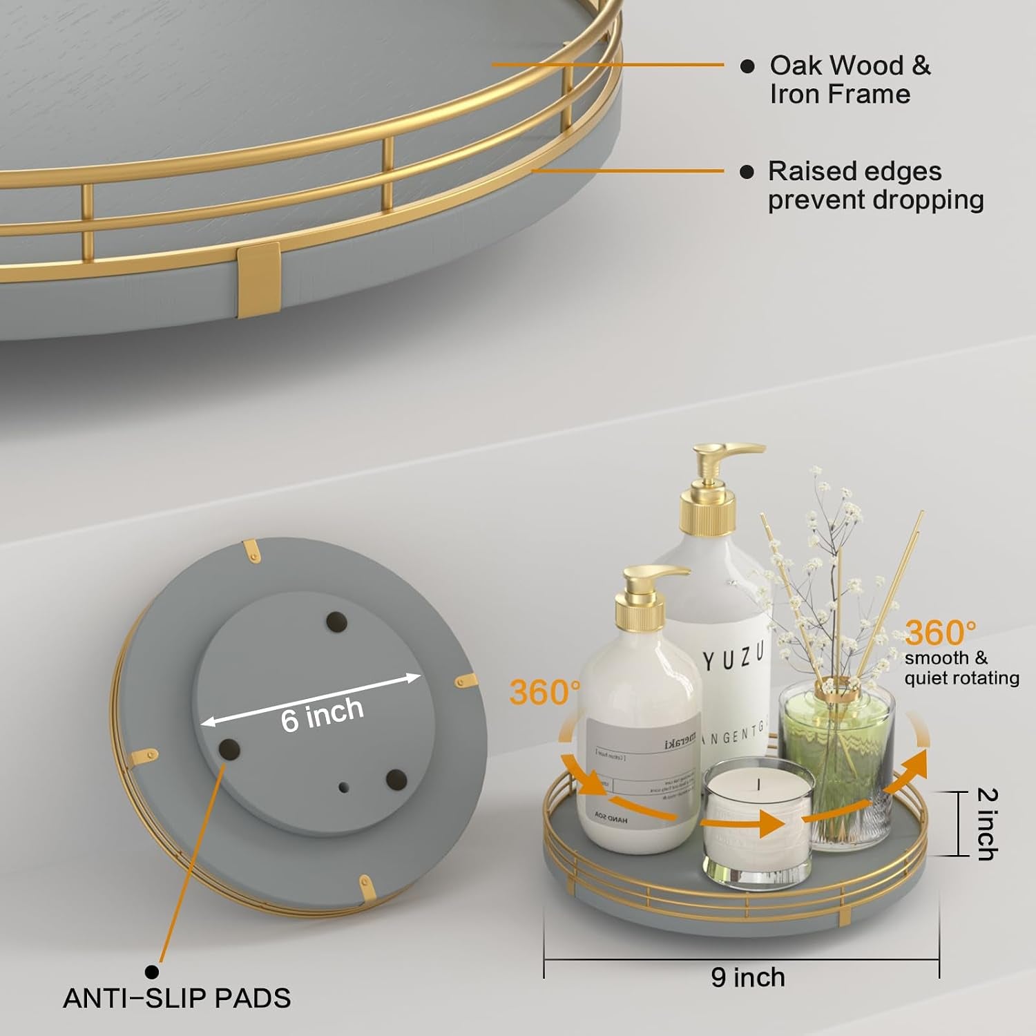9-Inch Gray Lazy Susan Spice Organizer for Cabinet with Gold Rail