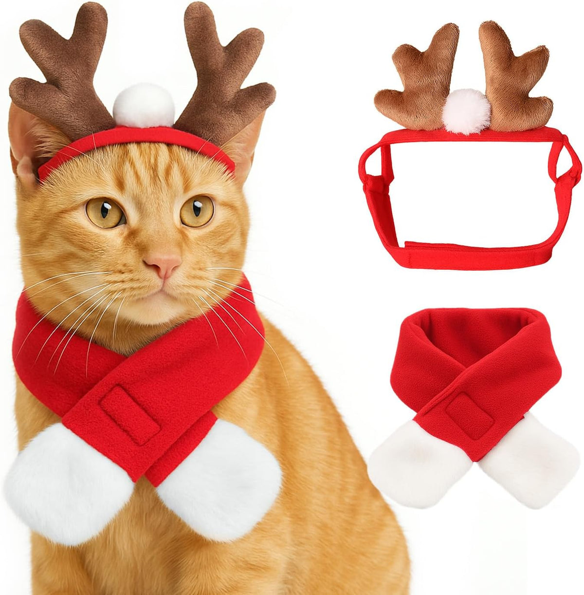 Pet Reindeer Costume for Cats Small Dogs Rabbits, Christmas Cat Antler Headband with Red Scarf, Small Dog Santa Deer Antler Outfit for Christmas New Year Party Cosplay Statue Decoration