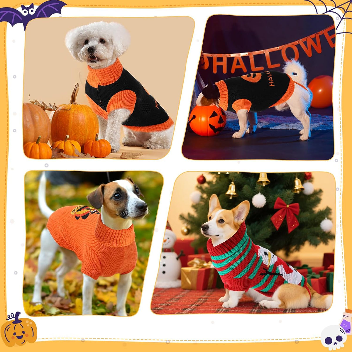 3 Pack Halloween Thanksgiving Christmas Dog Cat Sweaters Sets Dogs Fall Clothes Pumpkin Turkey Snowman Dog Cat Knit Sweaters Pets Costumes for Holiday Dogs Cats Pets(Medium)
