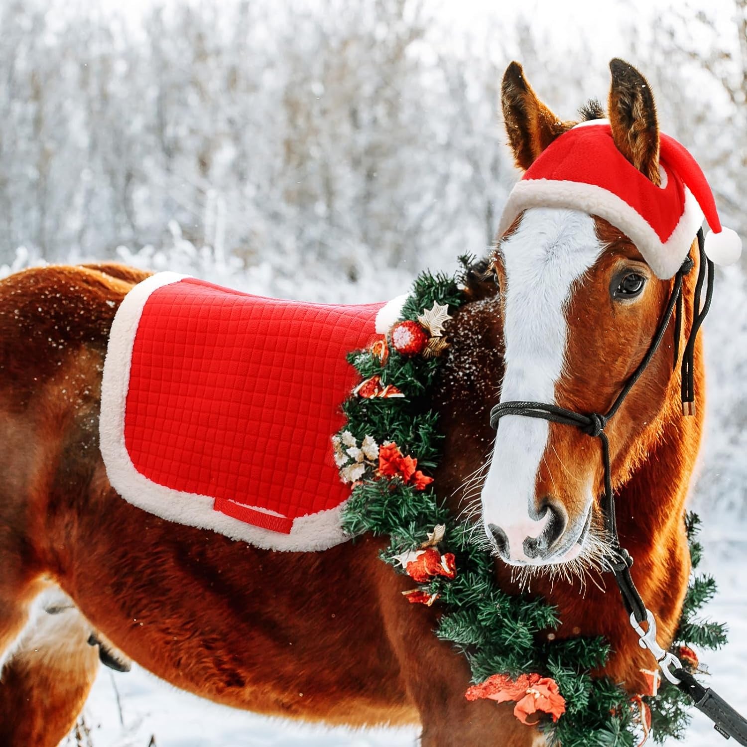 6 Pcs Christmas Holiday Santa Leg Wraps with Faux Fur Trim Holiday Santa Horse Hat All Purpose Santa Saddle Pad for Christmas Horse Costume Accessories