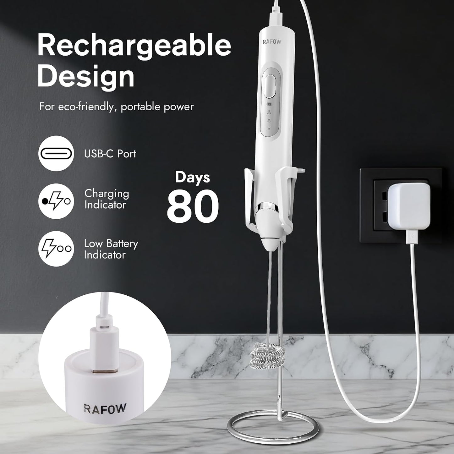 Handheld Electric Milk Frother: Rechargeable Frother Wand with Stand, 3 Speeds & Detachable Double Whisk Drink Mixer, Froth Stirrer for Latte, Cappuccino, Cream, Matcha, Dalgona Coffee - White