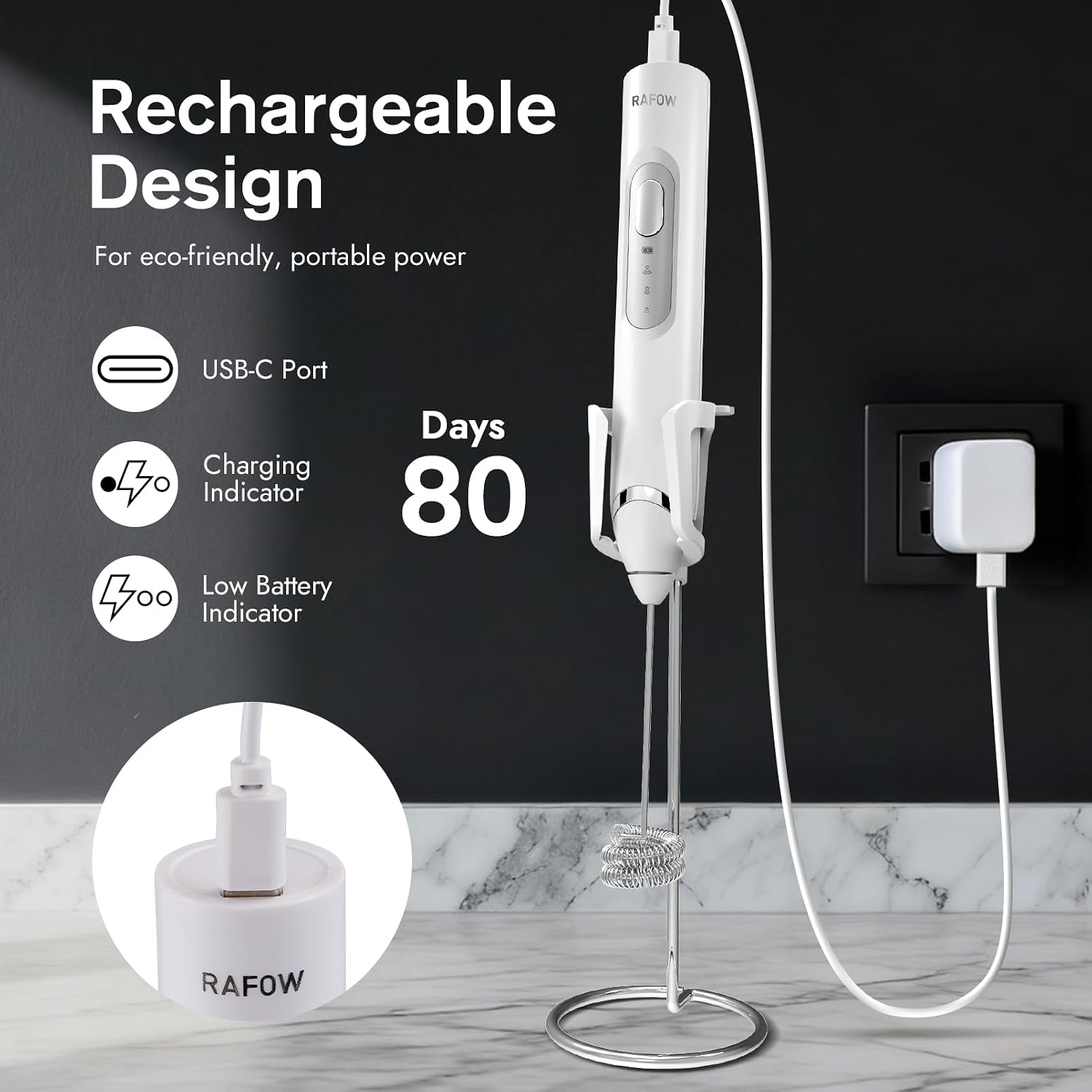 Handheld Electric Milk Frother: Rechargeable Frother Wand with Stand, 3 Speeds & Detachable Double Whisk Drink Mixer, Froth Stirrer for Latte, Cappuccino, Cream, Matcha, Dalgona Coffee - White