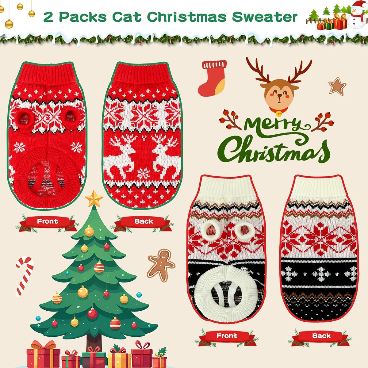 2 Pack Knit Pet Sweater, Winter Outfit for Cats & Small Dogs,L