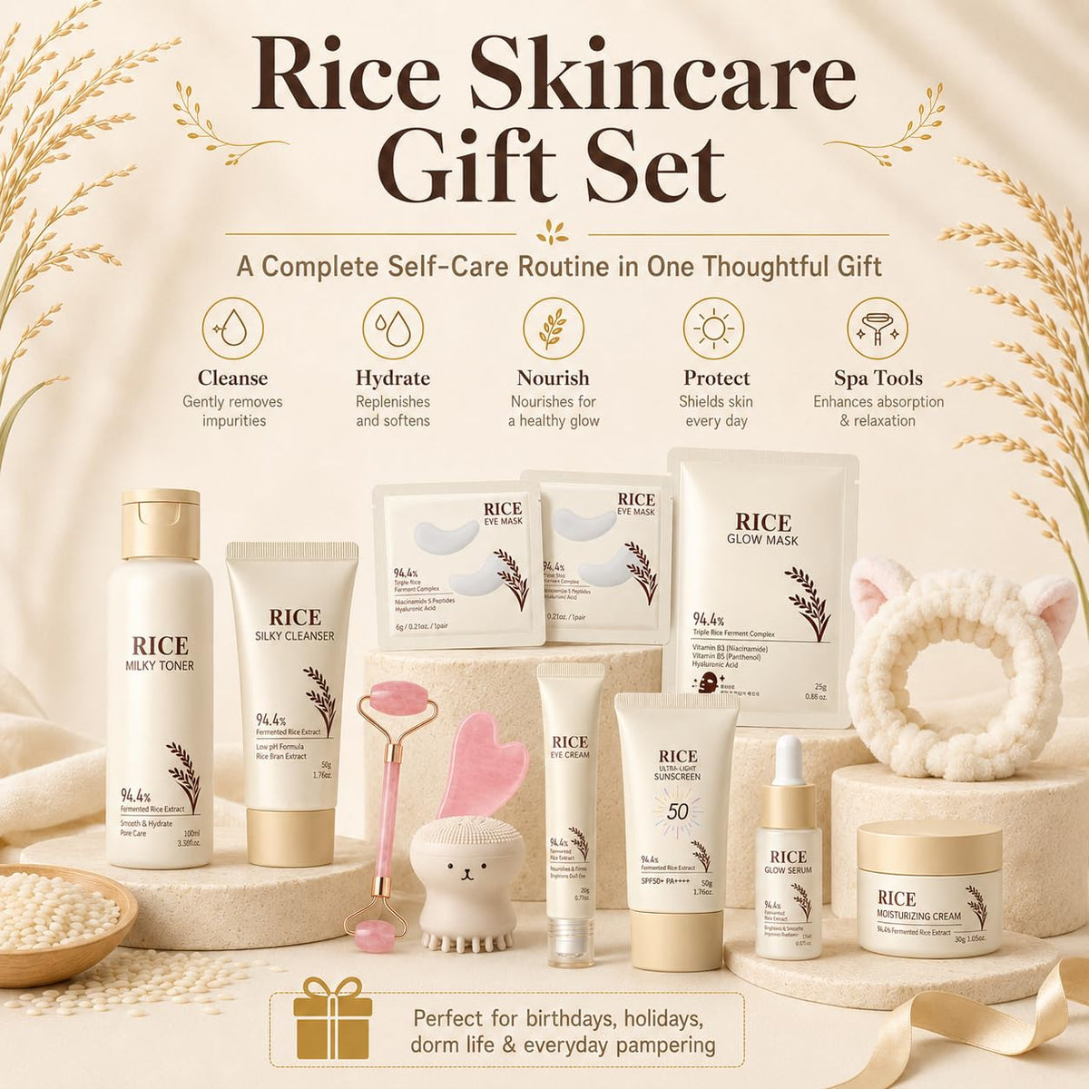 13PCS Rice Korean Skin Care Set, Korean Skincare Set, Korean Skin Care Kit - Rice Cleanser, Toner, Serum, Cream, Mask, Gua Sha & Headband, Gentle Skincare for Girls 10-12