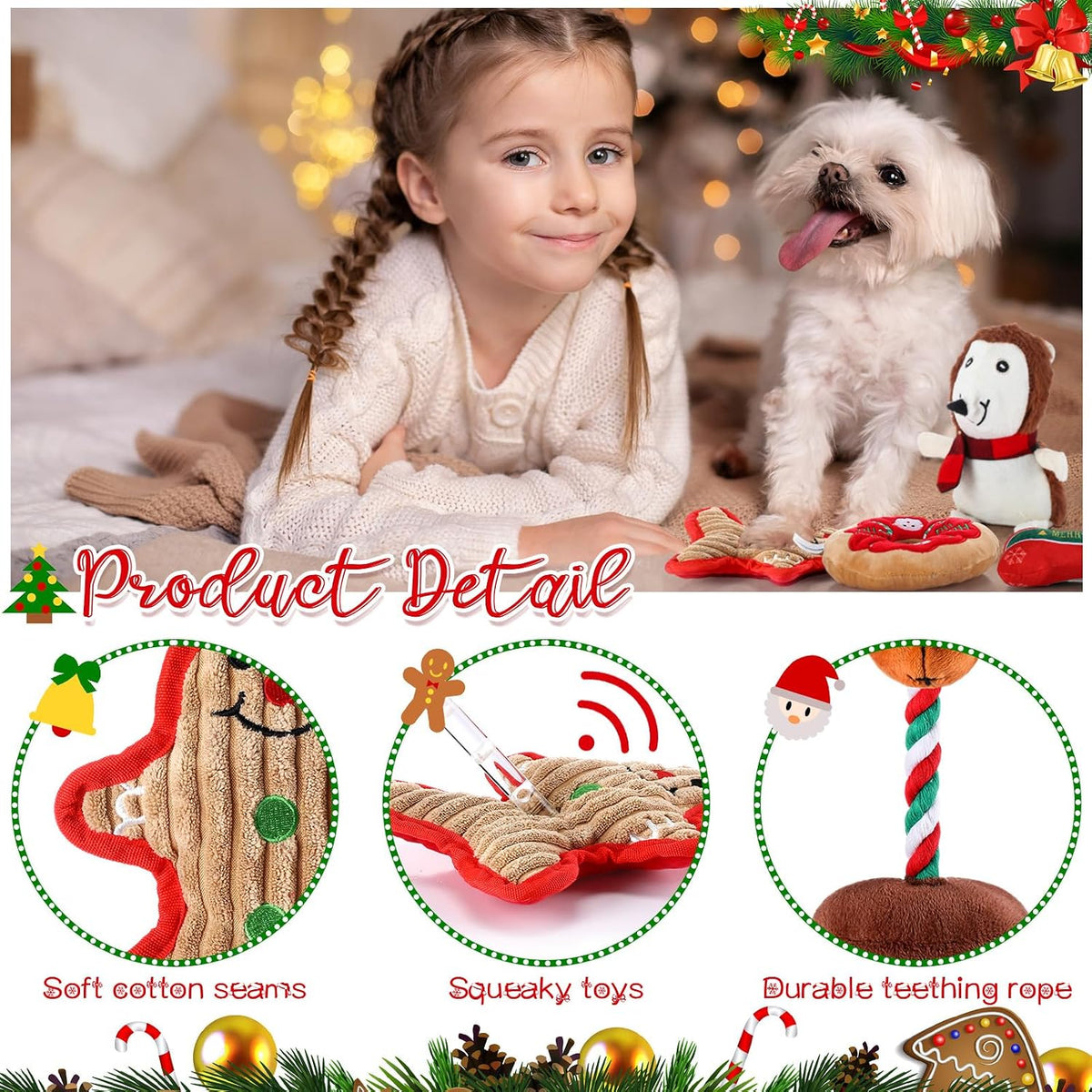 9 Pcs Christmas Dog Squeaky Toys Plush Chew for Small Medium Dogs