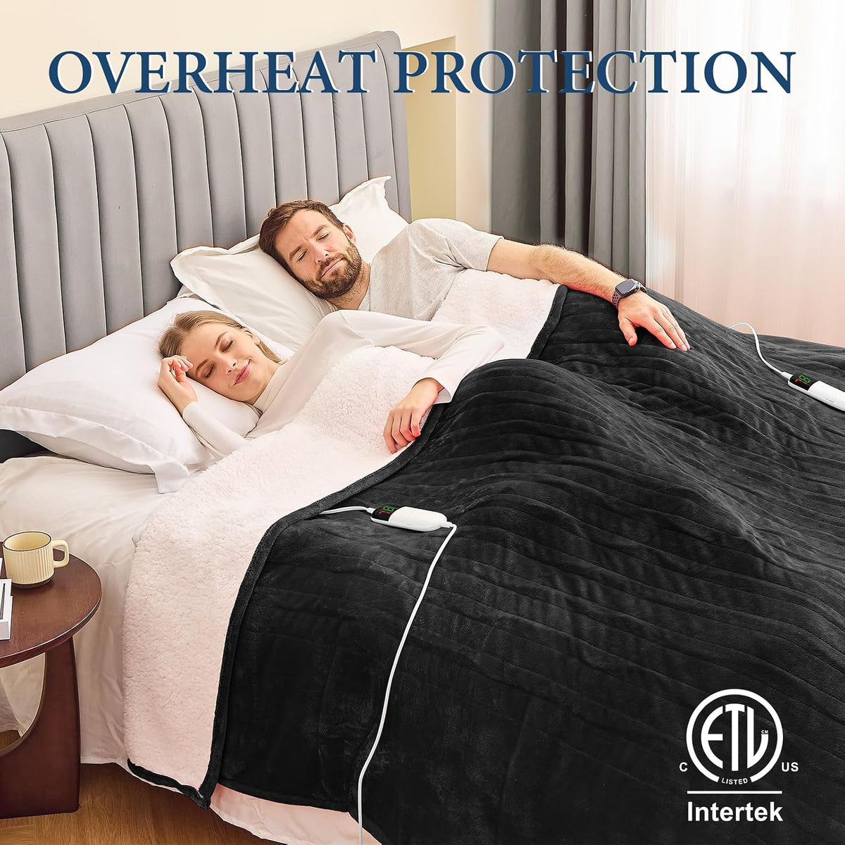 Heated Blanket Electric King Size 100"X90" Dual Control, Heating Blanket 10 Heat Levels 1/2/4/6/8 Hours Auto-Off Overheat Protection, Soft Sherpa Warm Blanket, ETL Certified Lacquered Black