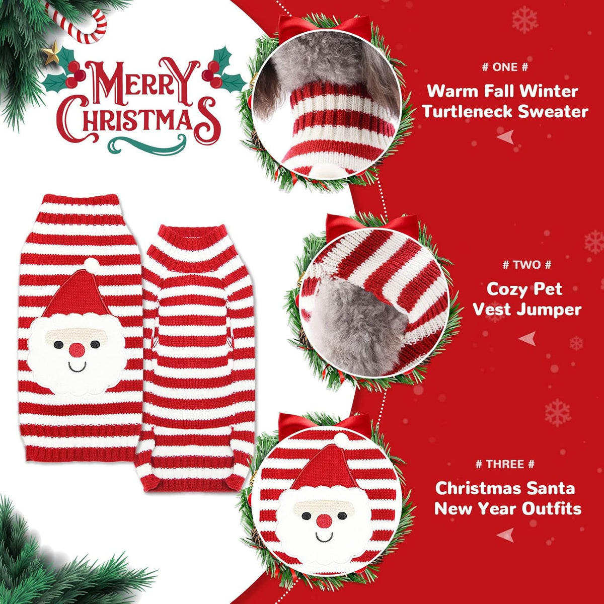 Santa Dog Sweater Christmas Funny Cute Red Striped Cat Sweater Vest Pet Holiday Dog Clothes Puppy Sweaters for Small Medium Large Dogs Cats Fall Winter Outfits Xmas Dogs Costume,Medium