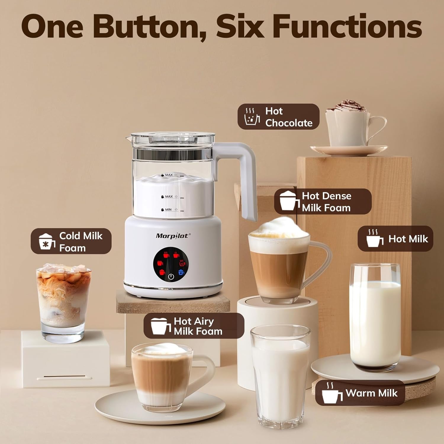 Large Electric Milk Frother and Steamer, 16.9Oz/500Ml Milk Steamer and Frother for Latte or Hot Chocolate, Dishwasher Safe, BPA Free, 6 Functions, Enjoy Perfect Milk Froth in 2 Min (White-Glass)