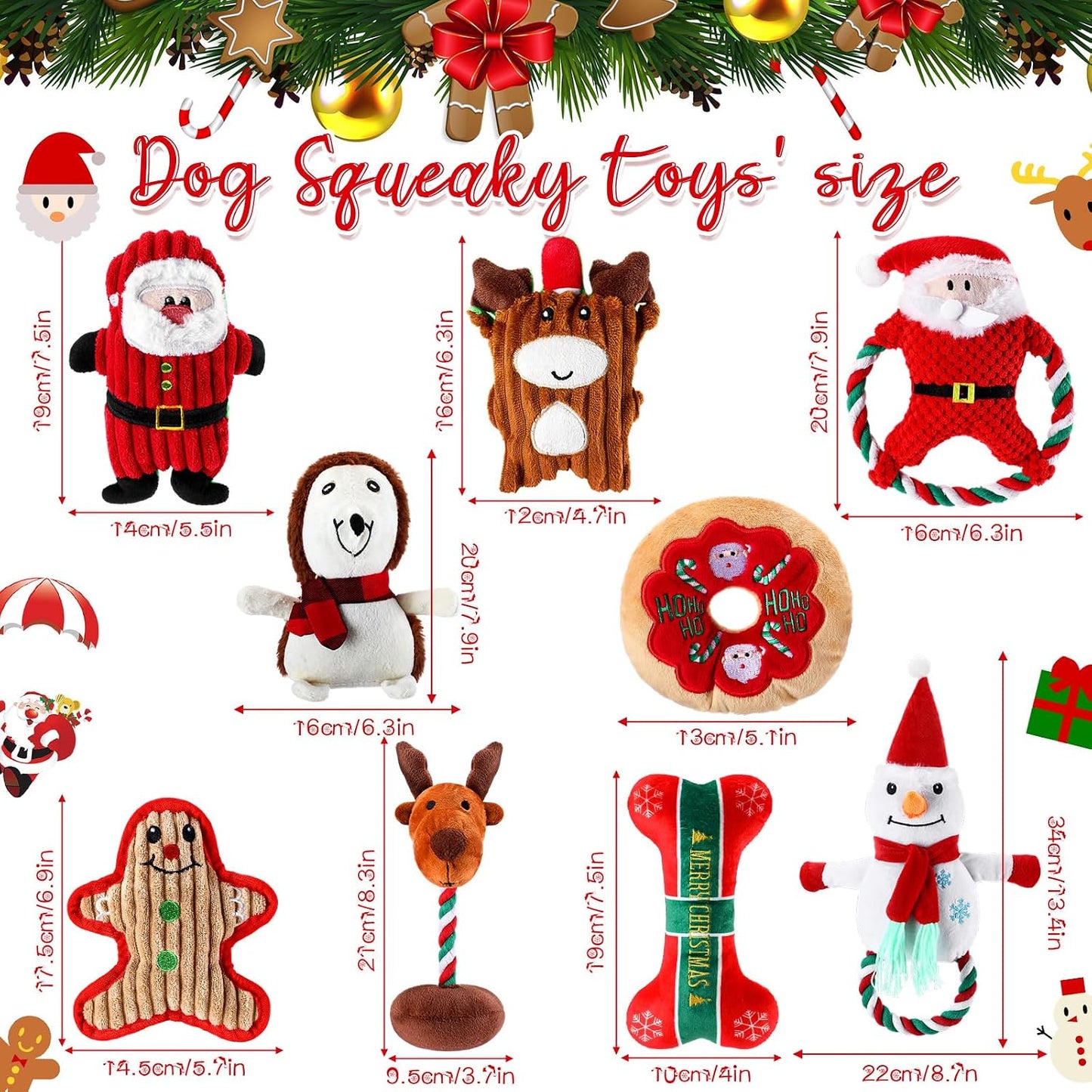 9 Pcs Christmas Dog Squeaky Toys Plush Chew for Small Medium Dogs