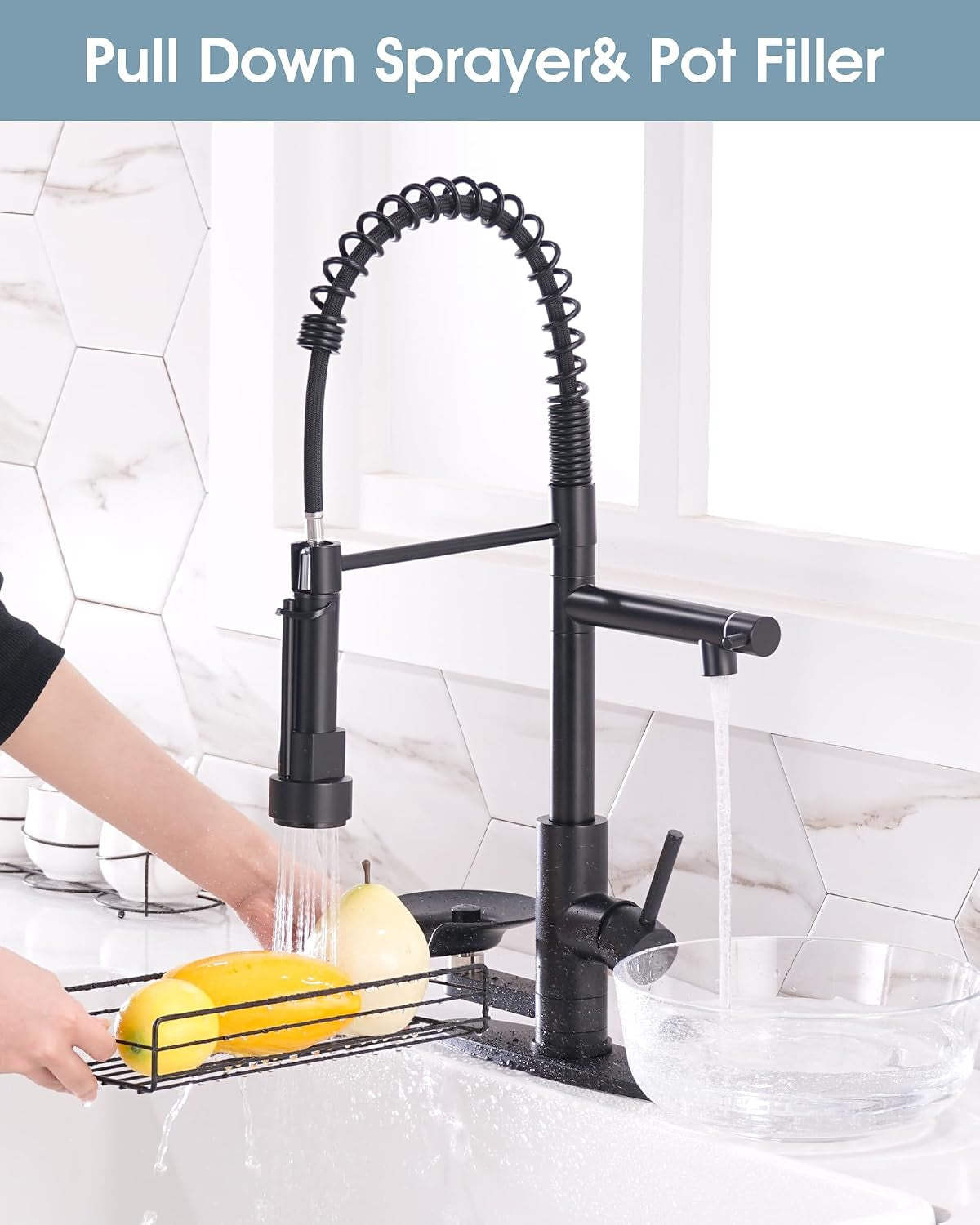Kitchen Sink Fuacet with Glass Rinser, Single Handle Kitchen Faucet with Pot Filler, Pull down Sparyer, Deck Plate, 304 Stainless Steel, Matte Black