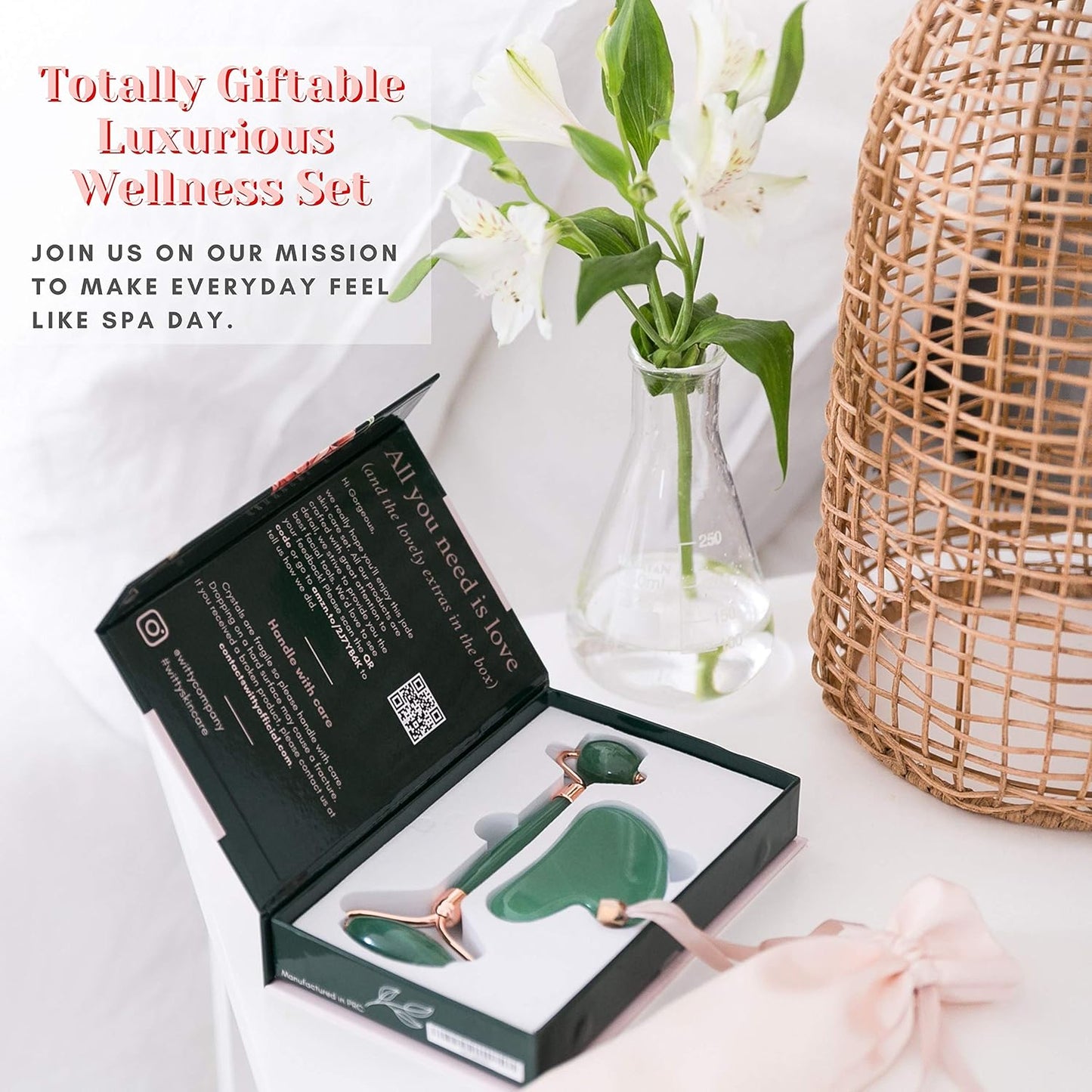 Jade Face Roller and Gua Sha Set in Hand-Drawn Giftbox - Gua Sha Stone, Face Massager Roller, Beauty Massage Face Scraper Tools - Guasha Tool for Face Roller Skin Care, Eyes, Neck - Extra Pouch