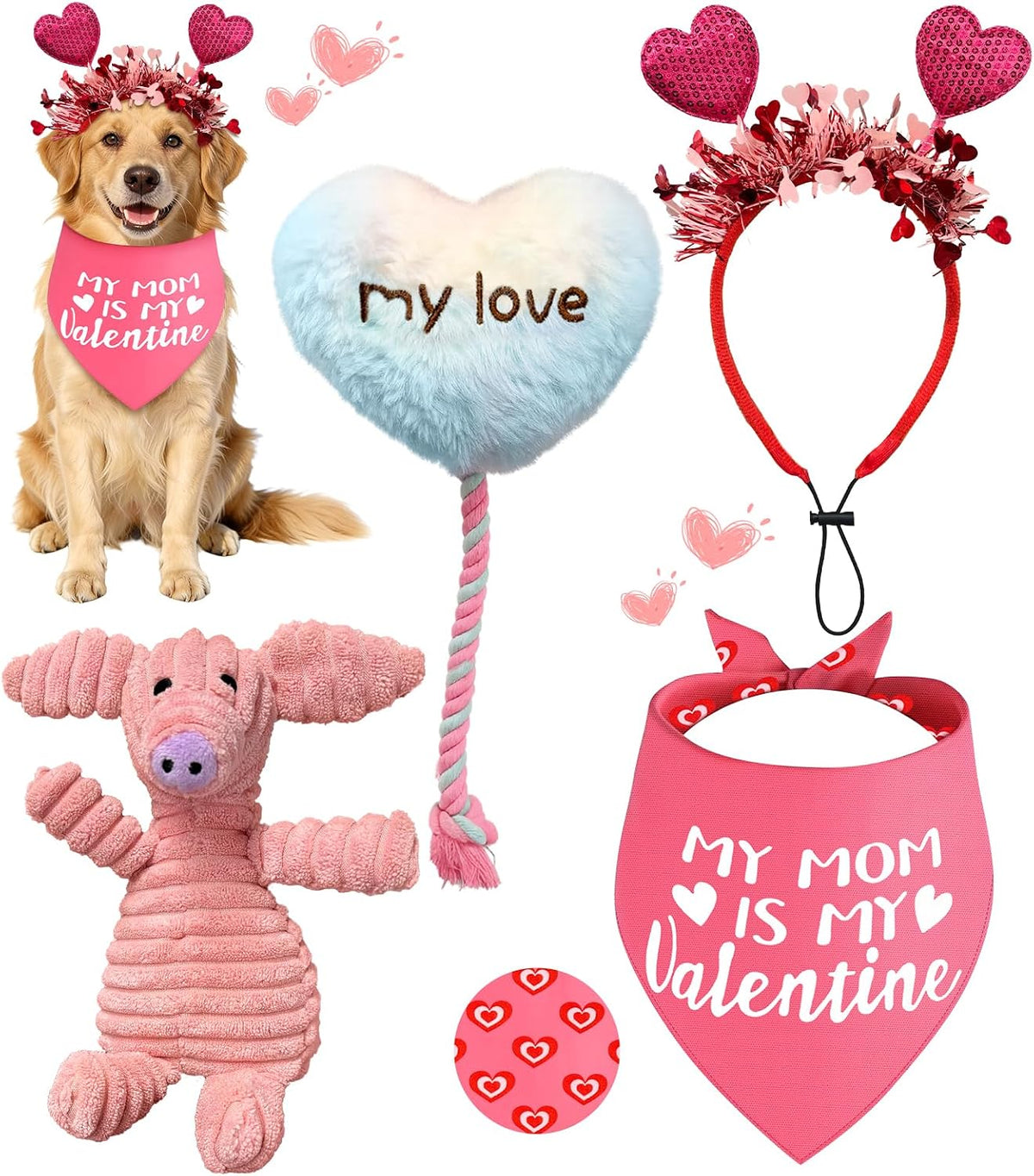 4 Pcs Pink Valentines Dog Toys - Cute Plush Squeaky Dog Toys, Cat Dog Scarf Headband for Puppy Pet to Keep Them Busy (Not for Big & Aggressive Chewer)