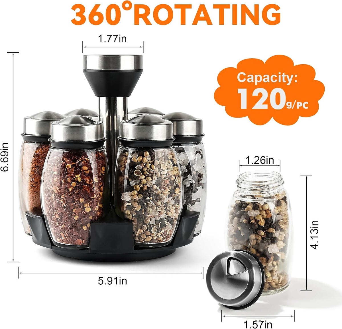6 Pack Spinning Glass Spice Jars with Organizer Rack for Countertop